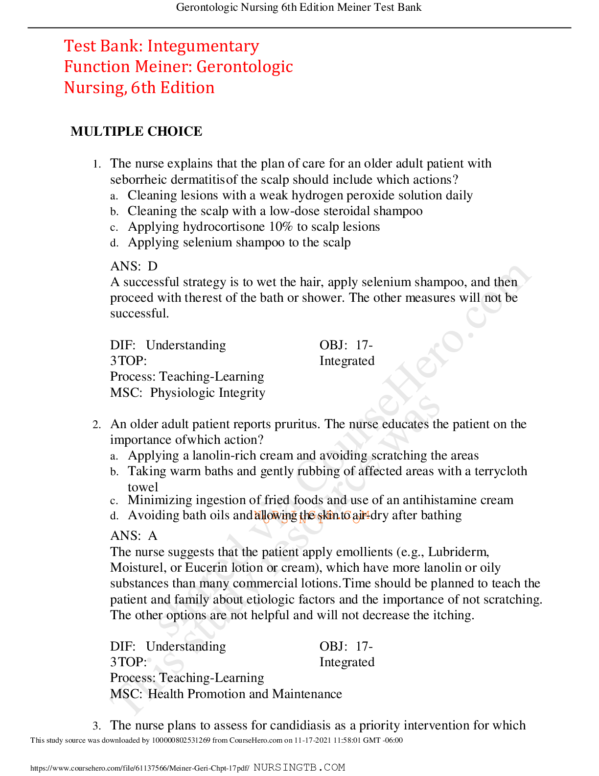 Preview image for Test Bank: Integumentary Function Meiner: Gerontologic Nursing, 6th Edition,100% CORRECT