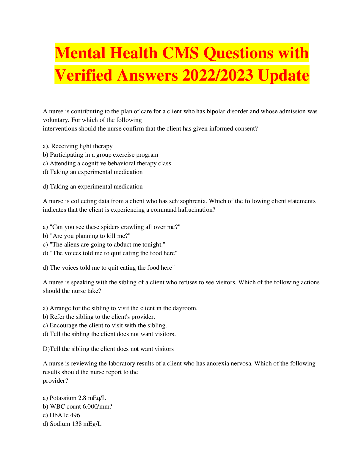Mental Health CMS Questions with Verified Answers 2022/2023 Update ...