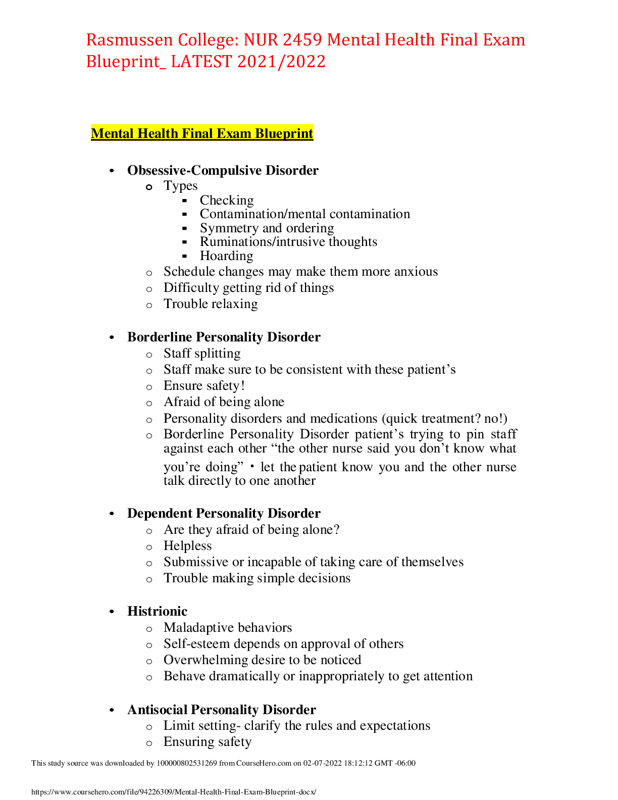 Preview image for Rasmussen College: NUR 2459 Mental Health Final Exam Blueprint_ LATEST 2021/2022,100% CORRECT