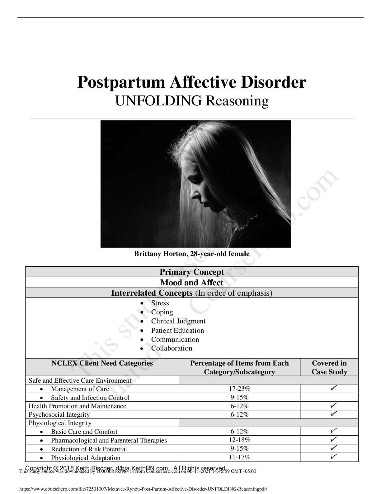 Preview of Postpartum Affective Disorder UNFOLDING Reasoning Brittany Horton, 28-year-old female