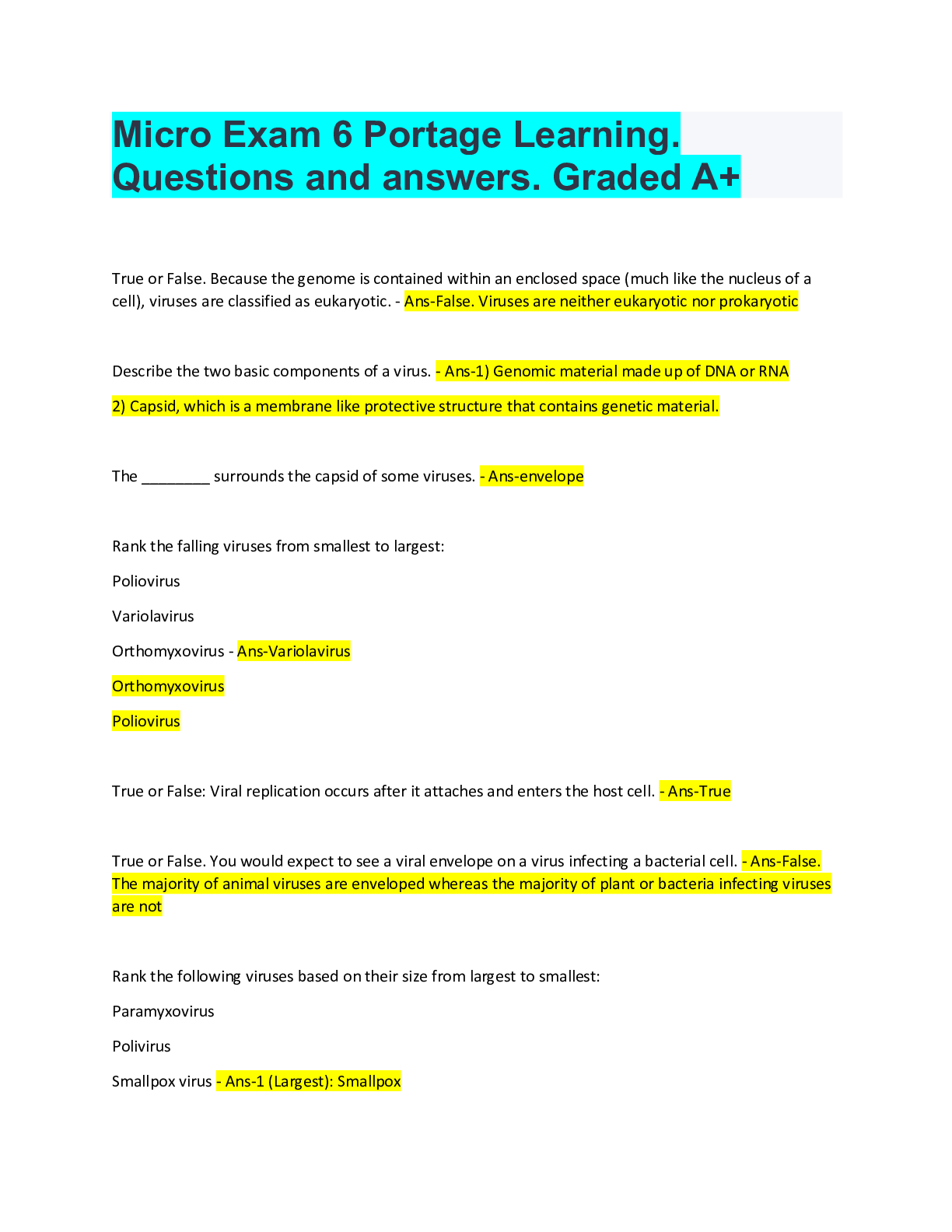 Micro Exam 6 Portage Learning. Questions and answers. Graded A+ ...