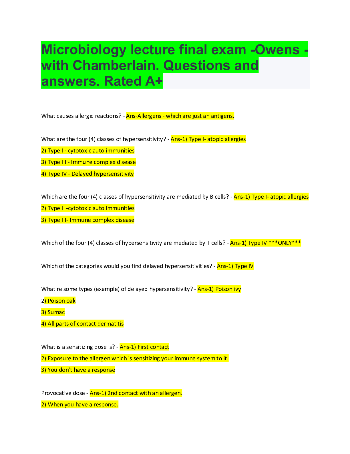 Microbiology lecture final exam -Owens - with Chamberlain. Questions ...