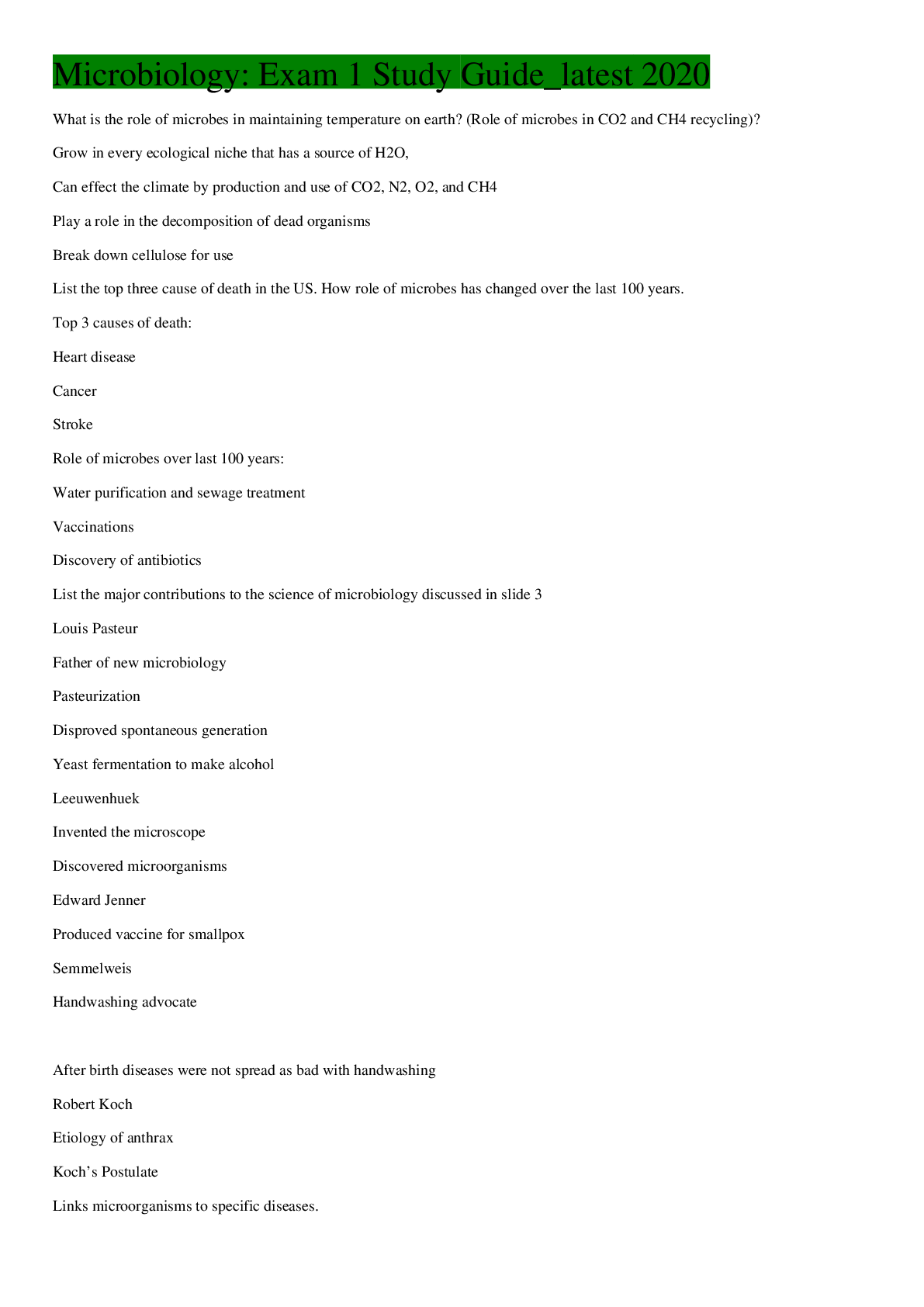 Preview image of Microbiology: Exam 1 Study Guide_latest 2020,100% CORRECT document