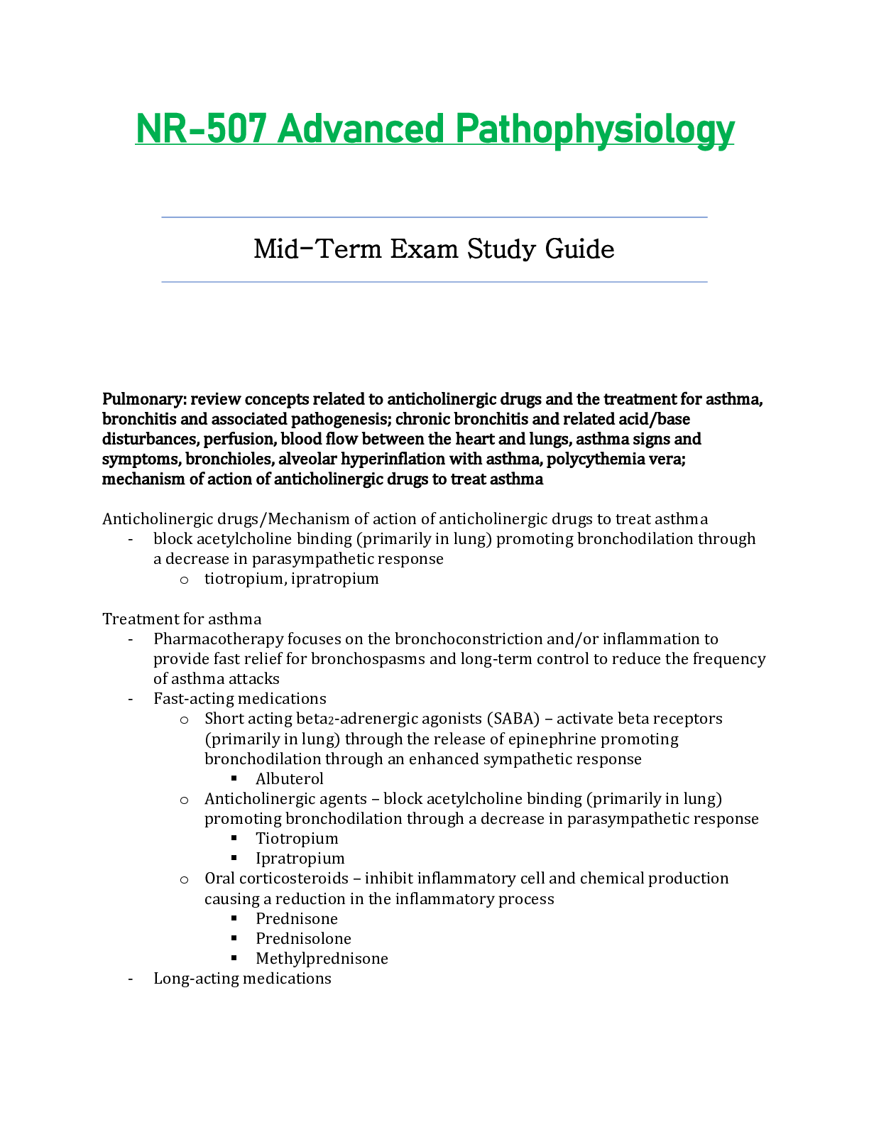Pathopys Study Guide NR507 / NR 507 Mid-Term Exam Study Guide Updated: Advanced Pathophys ...