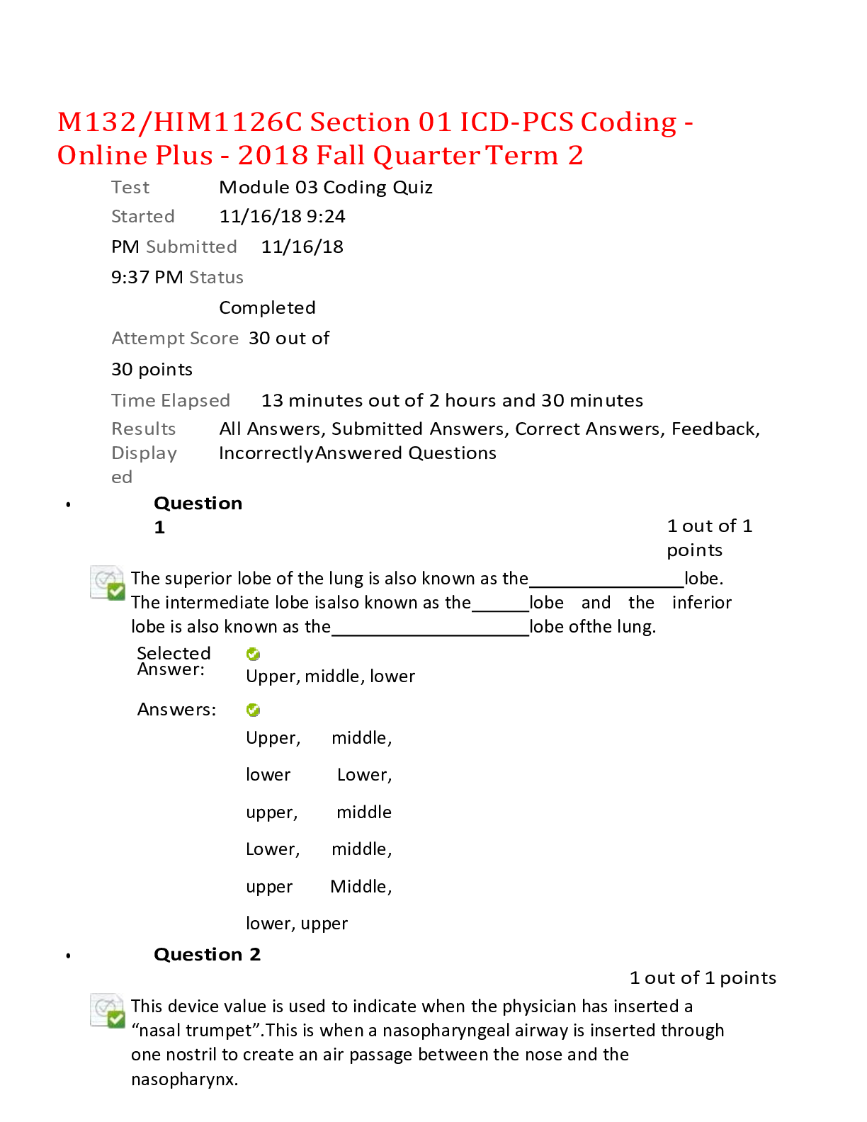 Preview image of M132/HIM1126C Section 01 ICD-PCS Coding - Online Plus - 2018 Fall Quarter Term 2,100% CORRECT document