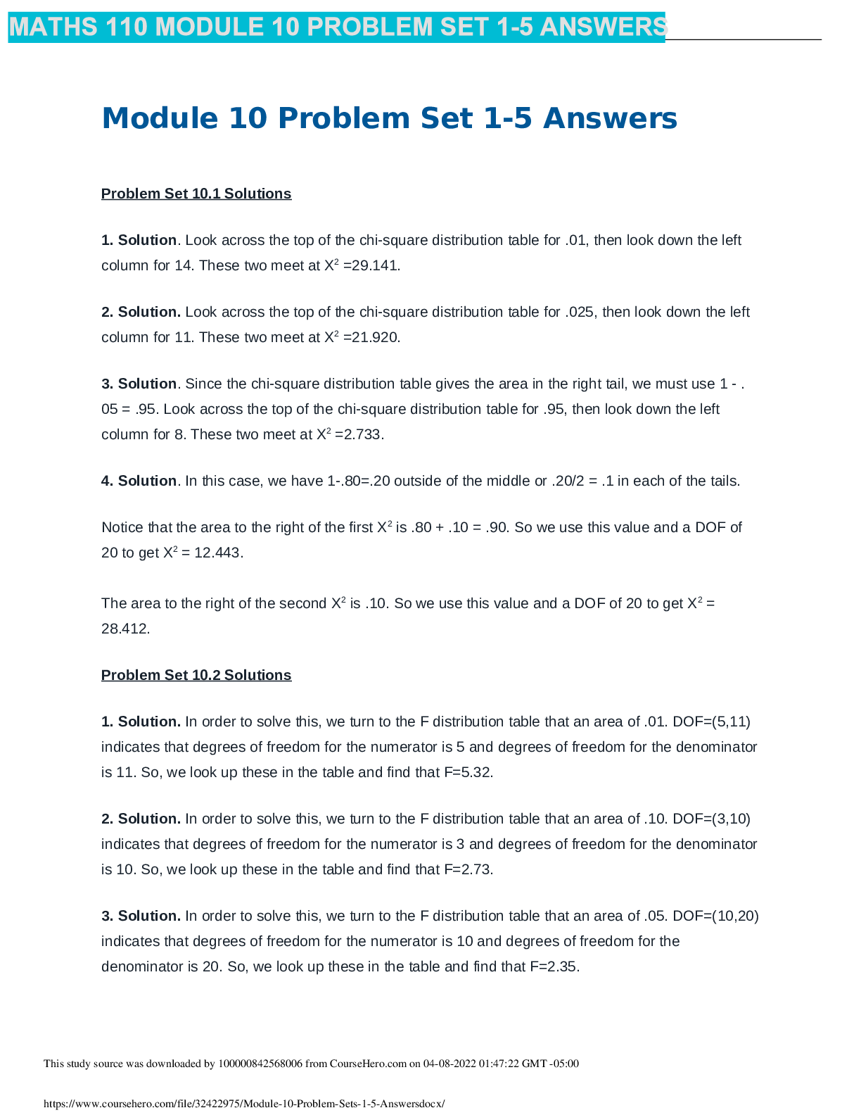 Preview image of MATHS 110 MODULE 10 PROBLEM SET 1-5 ANSWERS document