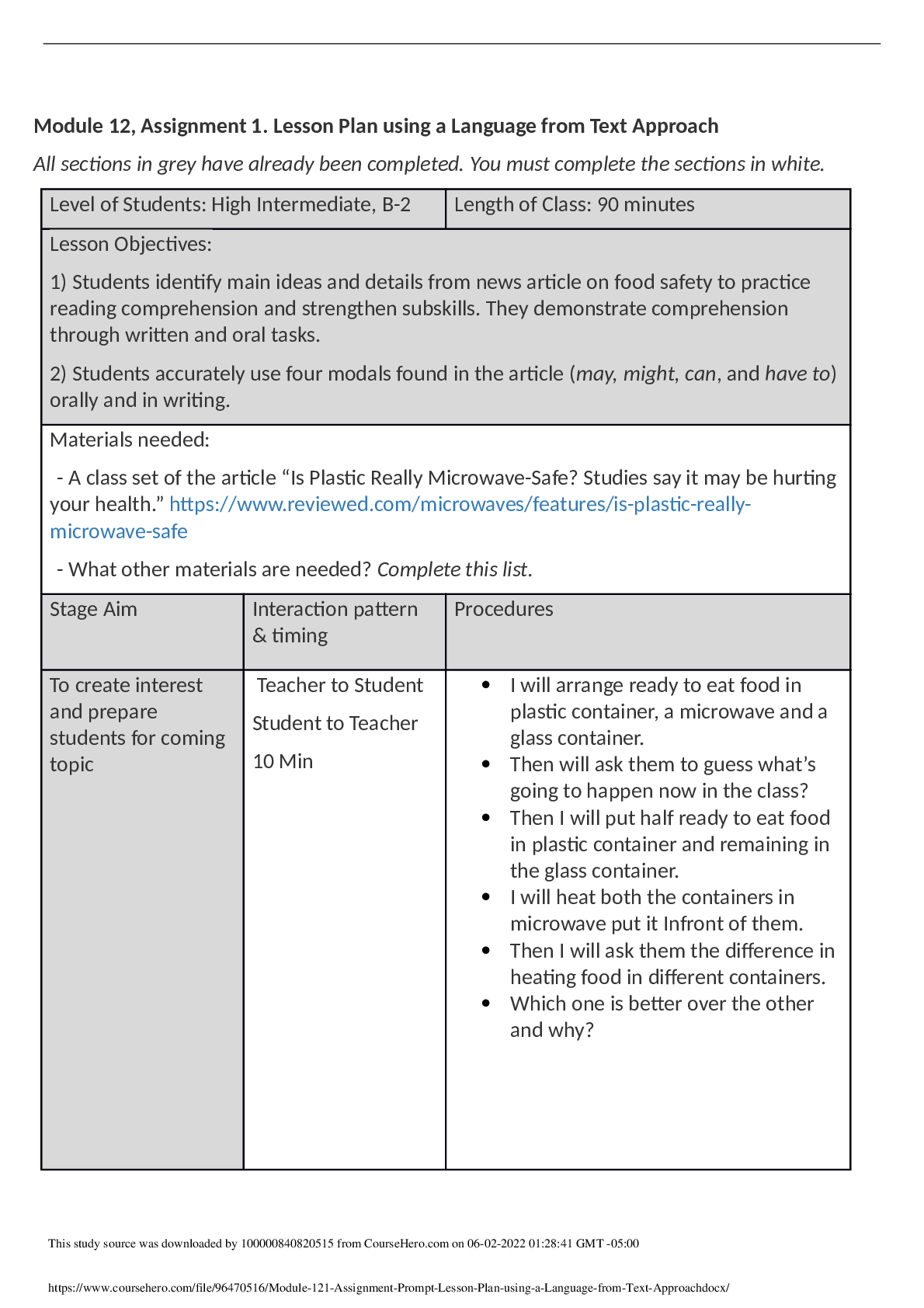 Preview image of Module 12.1 Assignment submission. Lesson Plan using a language from approach text approach.pdf document