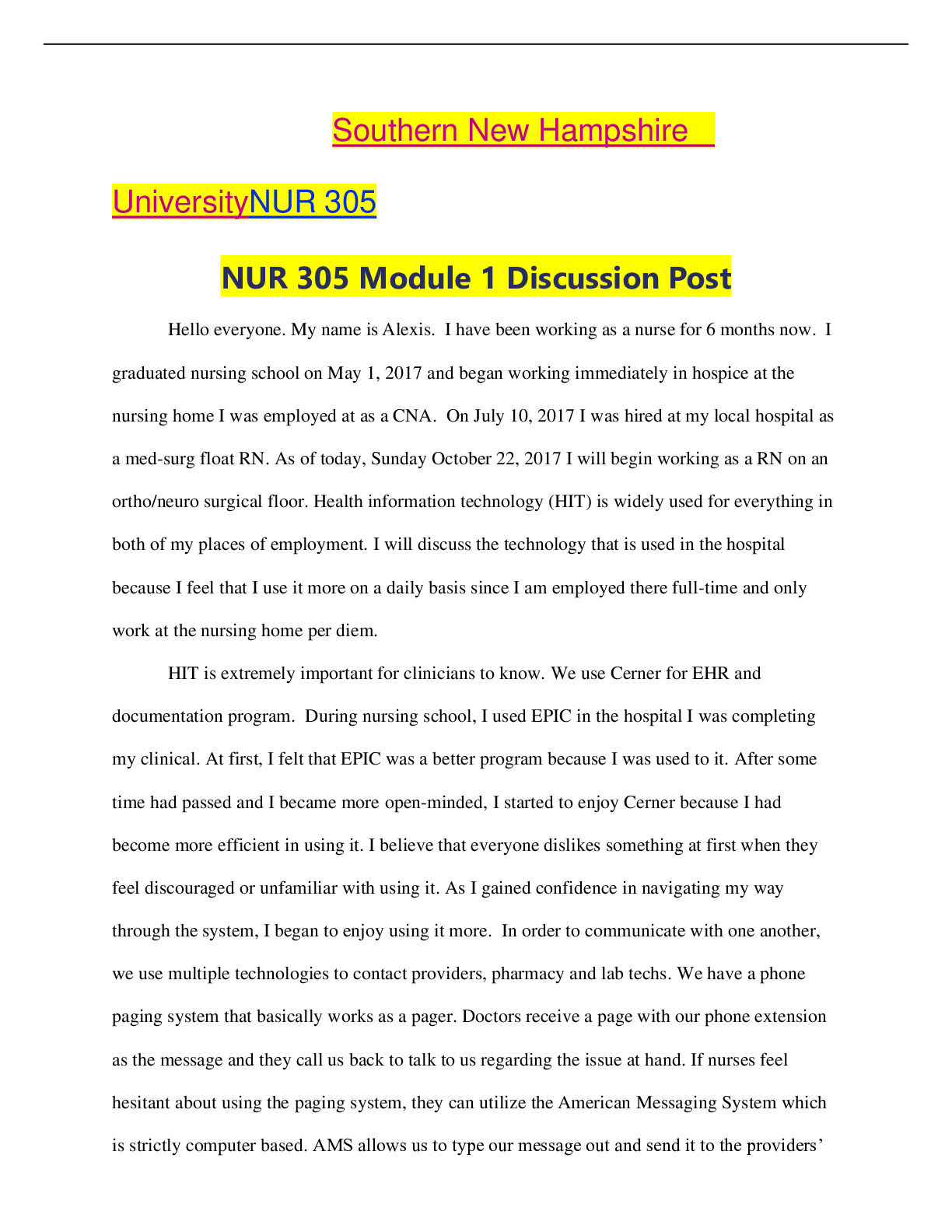Preview image of NUR 305 Module 1 Discussion Post document