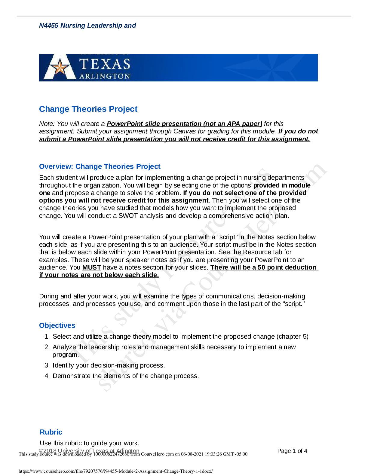 Preview of N4455 Nursing Leadership-Module 2 Assignment Change Theory-1