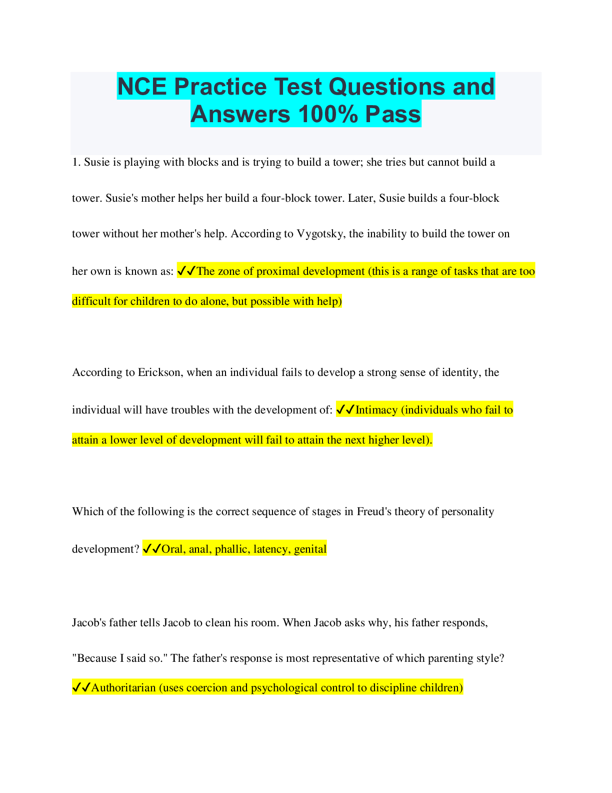 NCE Practice Test Questions and Answers 100% Pass | ScholarFriends