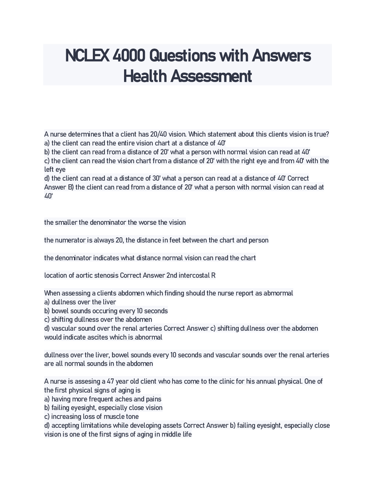Answer Health NCLEX 4000 Questions with Answers Health Assessment | ScholarFriends