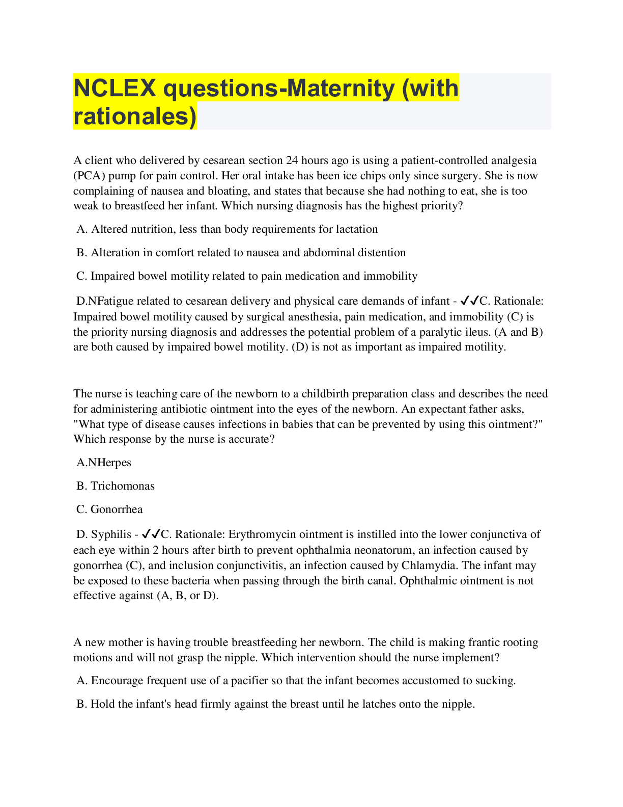 NCLEX questions-Maternity (with rationales) (complete solution guide ...