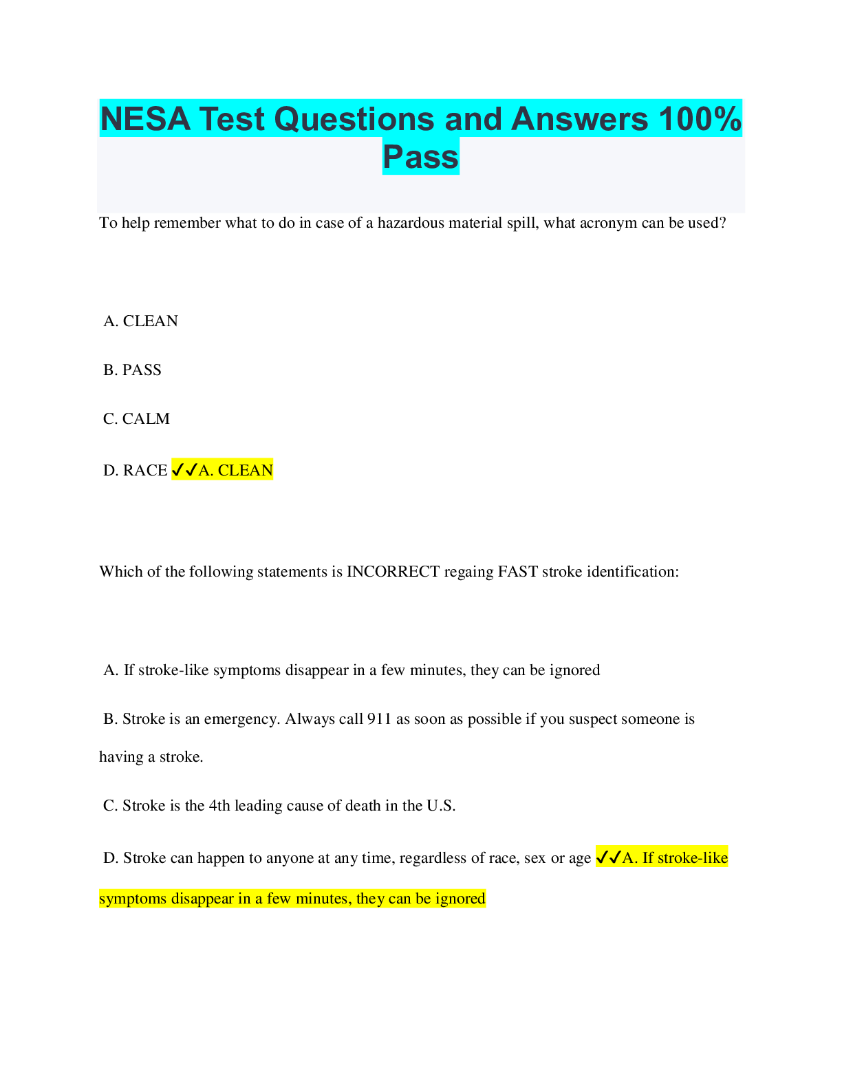 NESA Test Questions and Answers 100% Pass | ScholarFriends