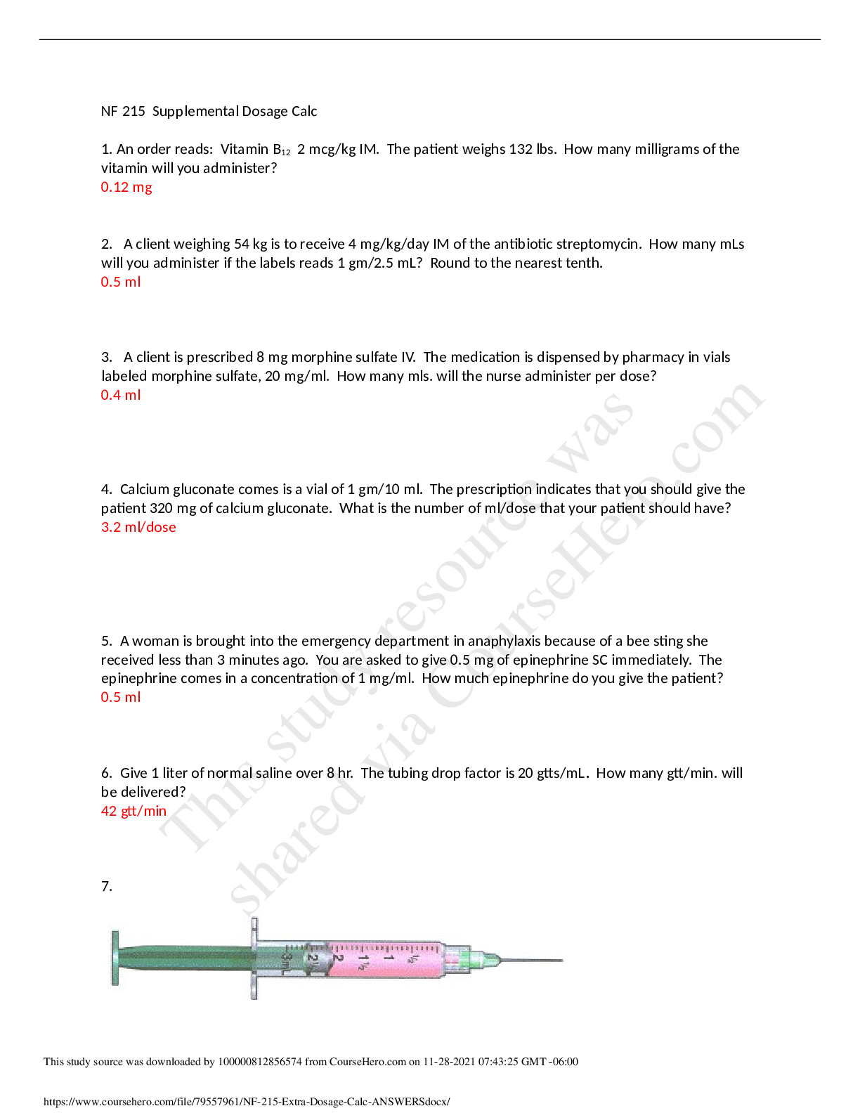 Preview of NF 215 Supplemental Dosage Calculations Answers-Herzing University