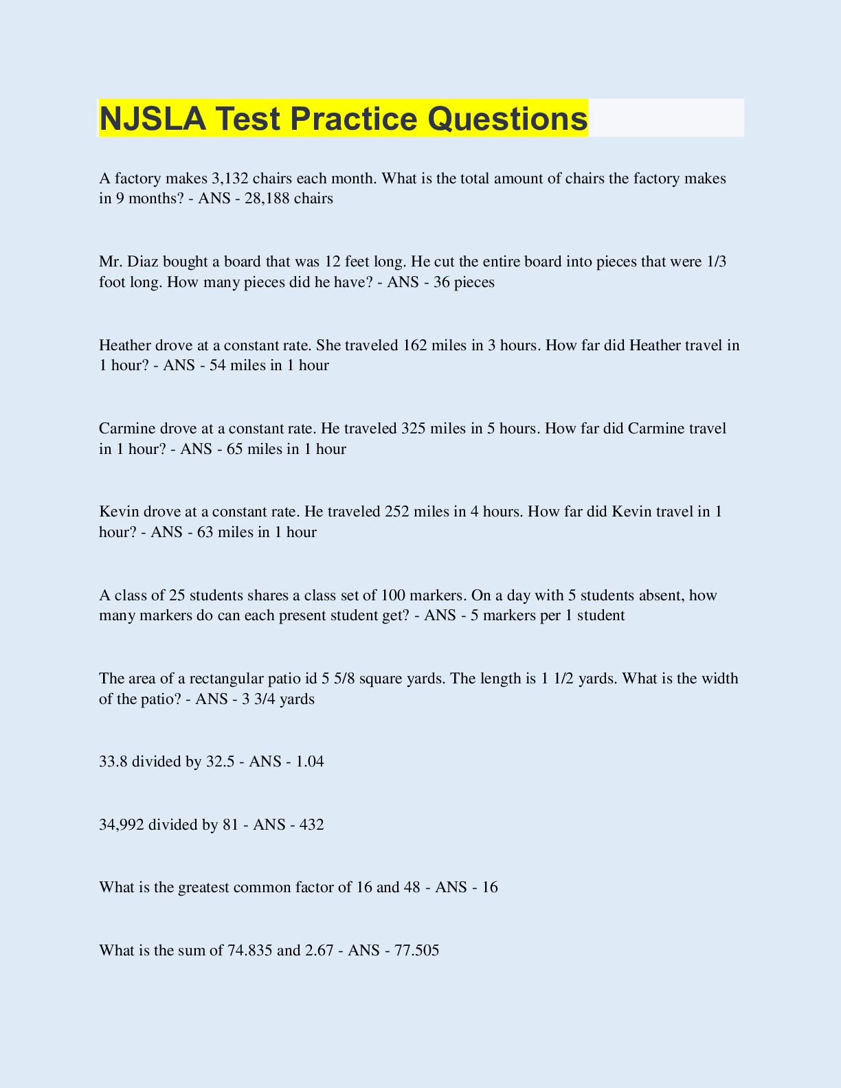 NJSLA Test Practice Questions | with 100% Correct Answers | Updated ...
