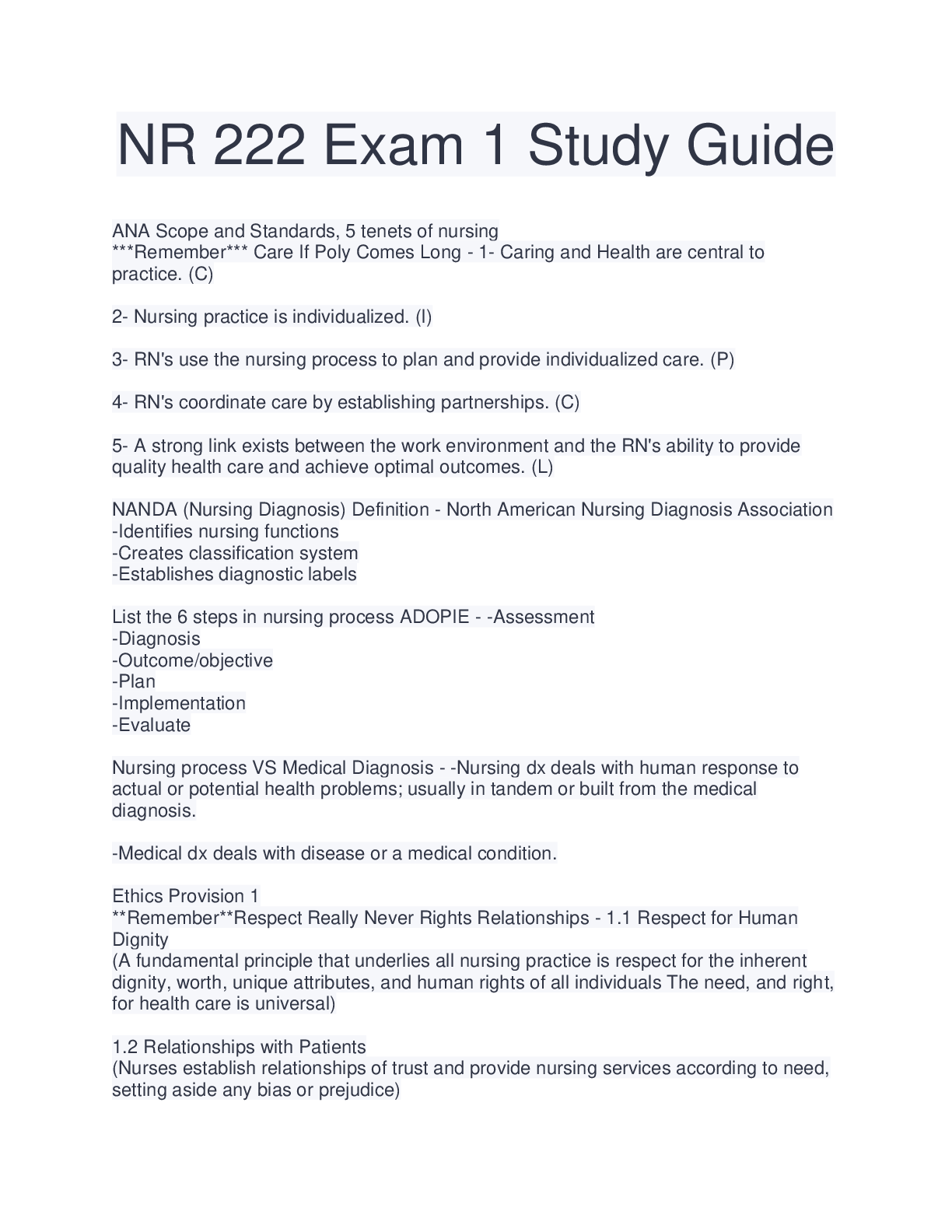 NR 222 Exam 1 Study Guide latest 2022/2023 (Approved) - Scholarfriends