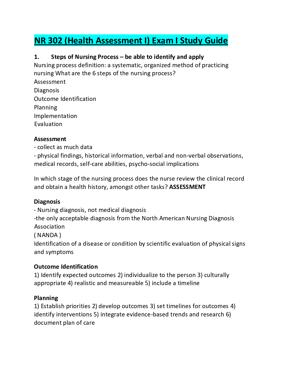 NR 302 (Health Assessment I) Exam I Study Guide; Updated A+ Guide ...