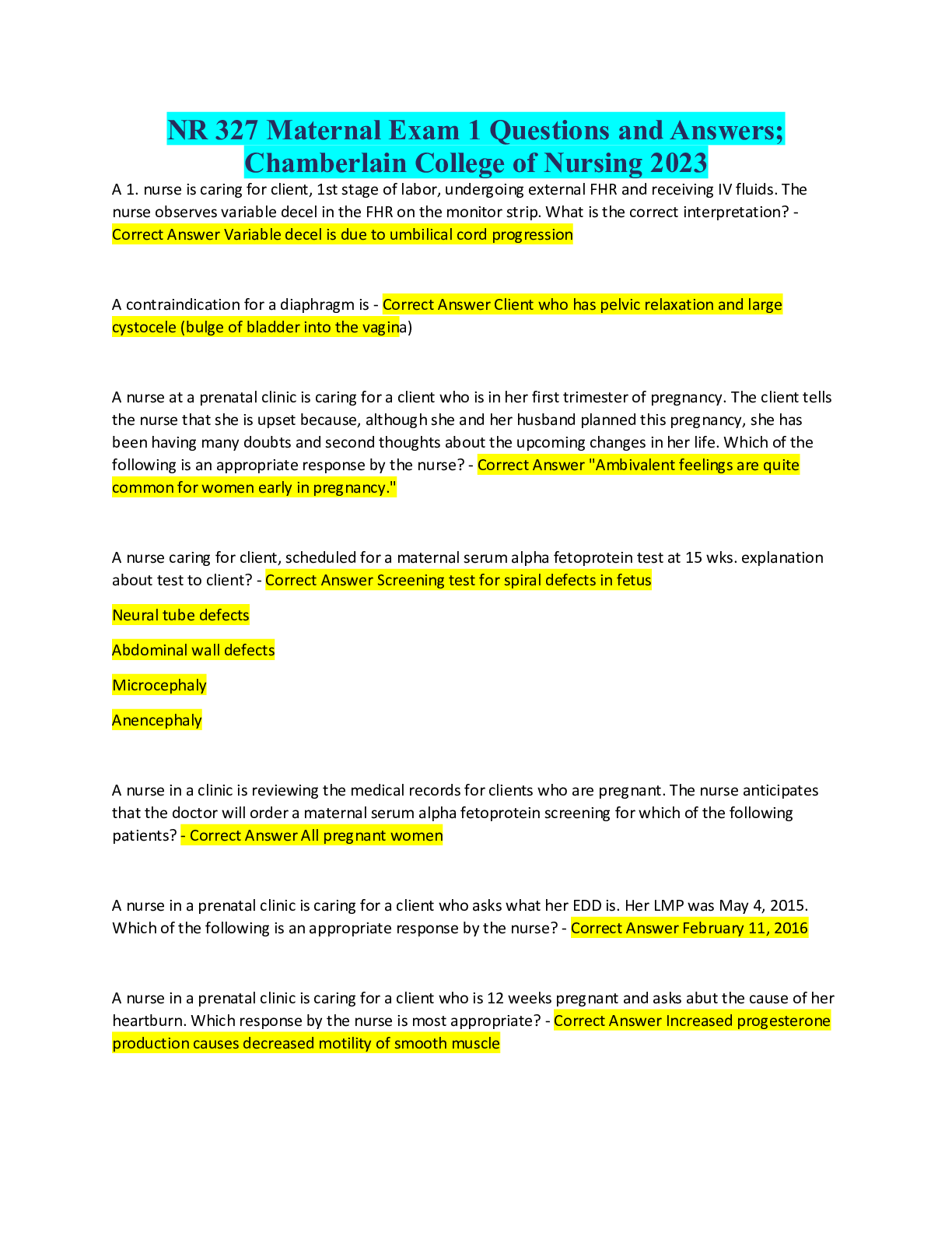 NR 327 Maternal Exam 1 Questions and Answers | Chamberlain College o ...