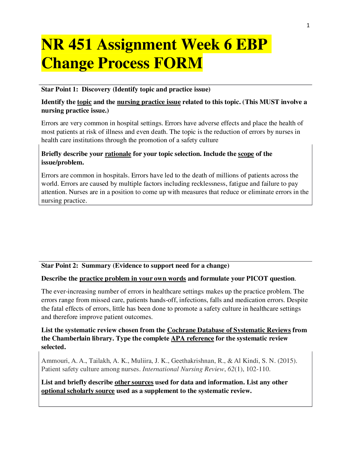 NR 451 Assignment Week 6 EBP Change Process FORM - Scholarfriends