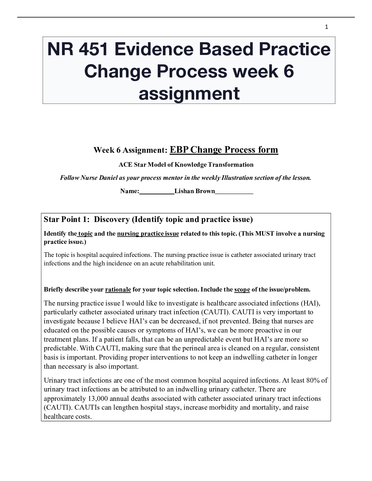 NR 451 Evidence Based Practice Change Process week 6 assignment ...