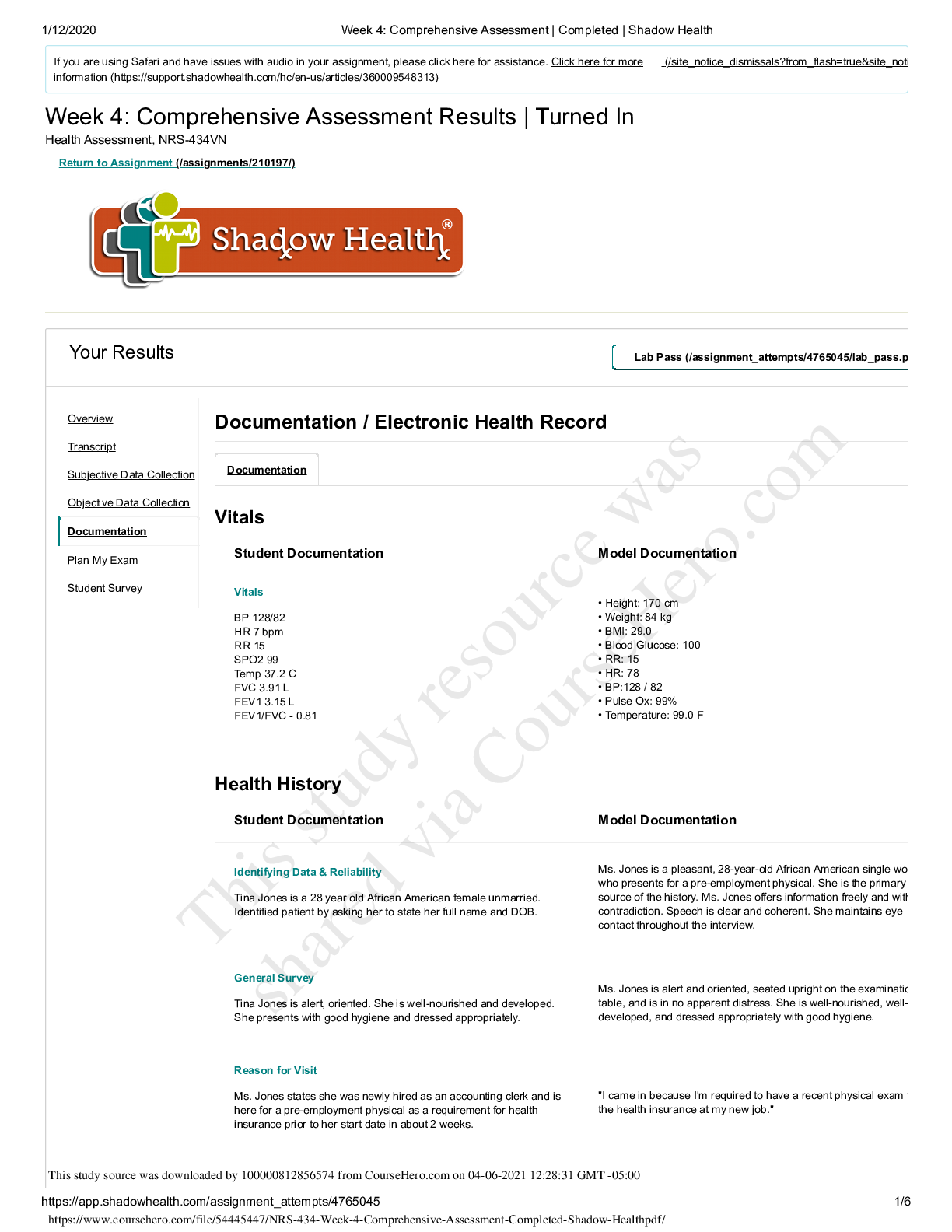 NR 509 Comprehensive Assessment _ Completed _ Shadow Health {TINA JONES ...