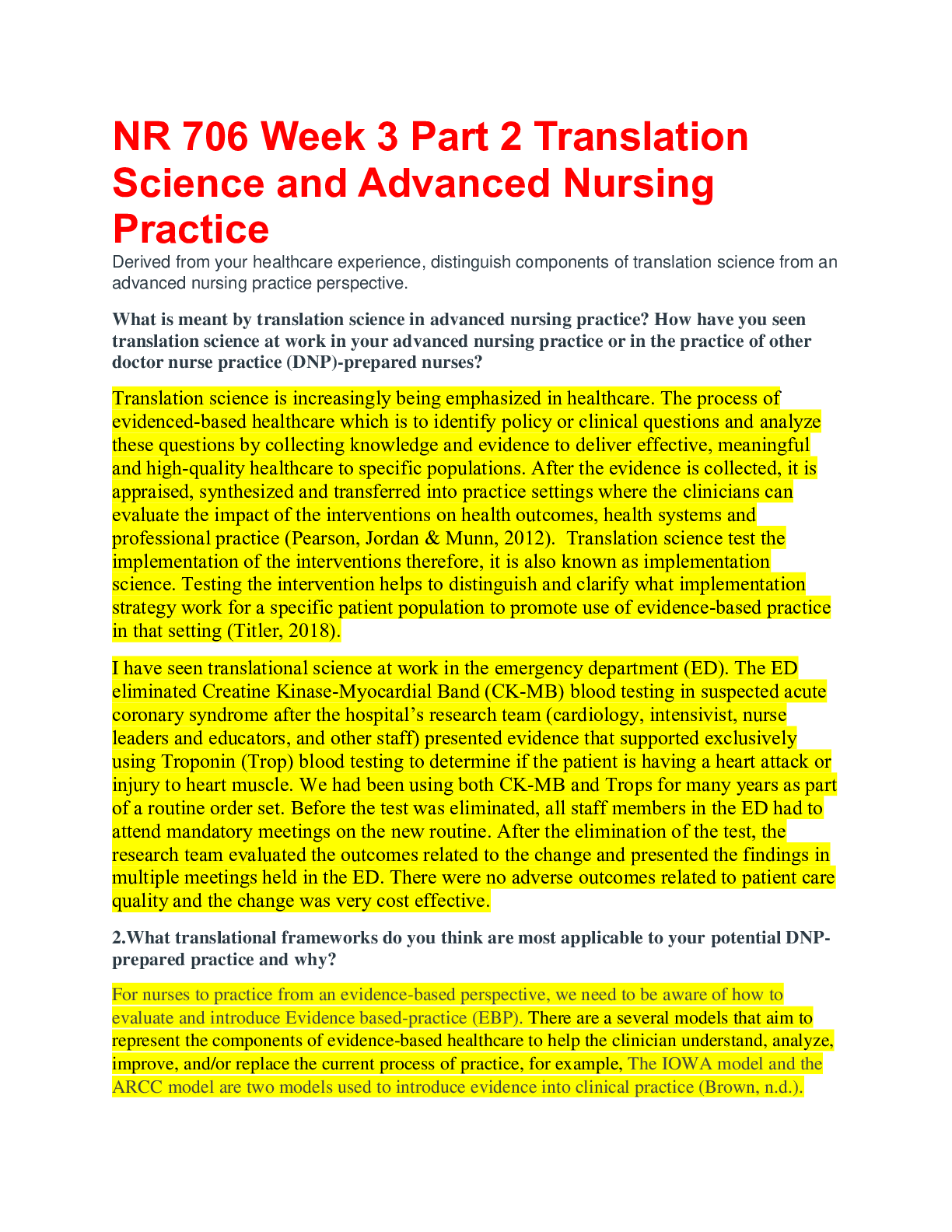 NR 706 Week 3 Part 2 Translation Science and Advanced Nursing Practice ...