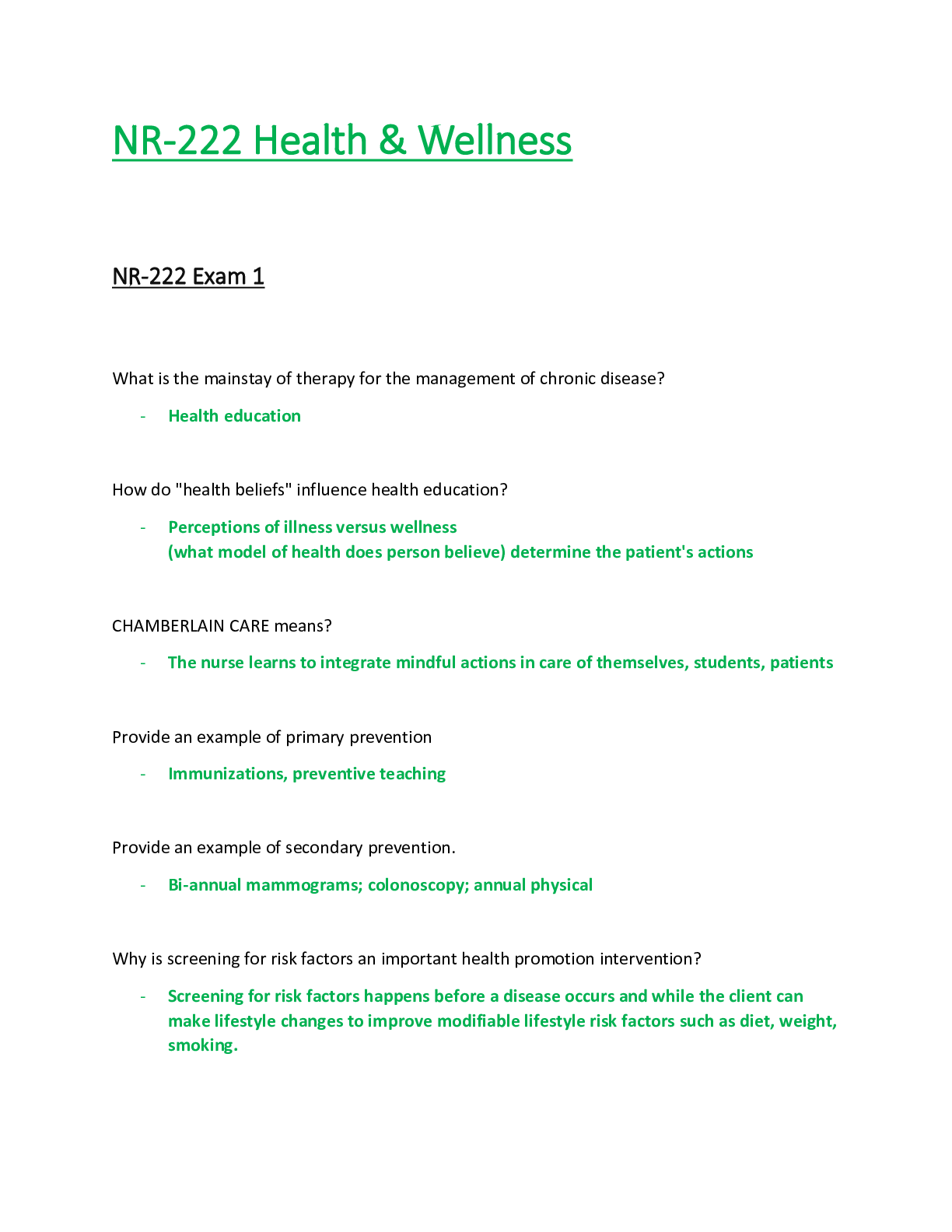 NR222 / NR 222 Exam 1 (Latest): Health & Wellness - Chamberlain ...