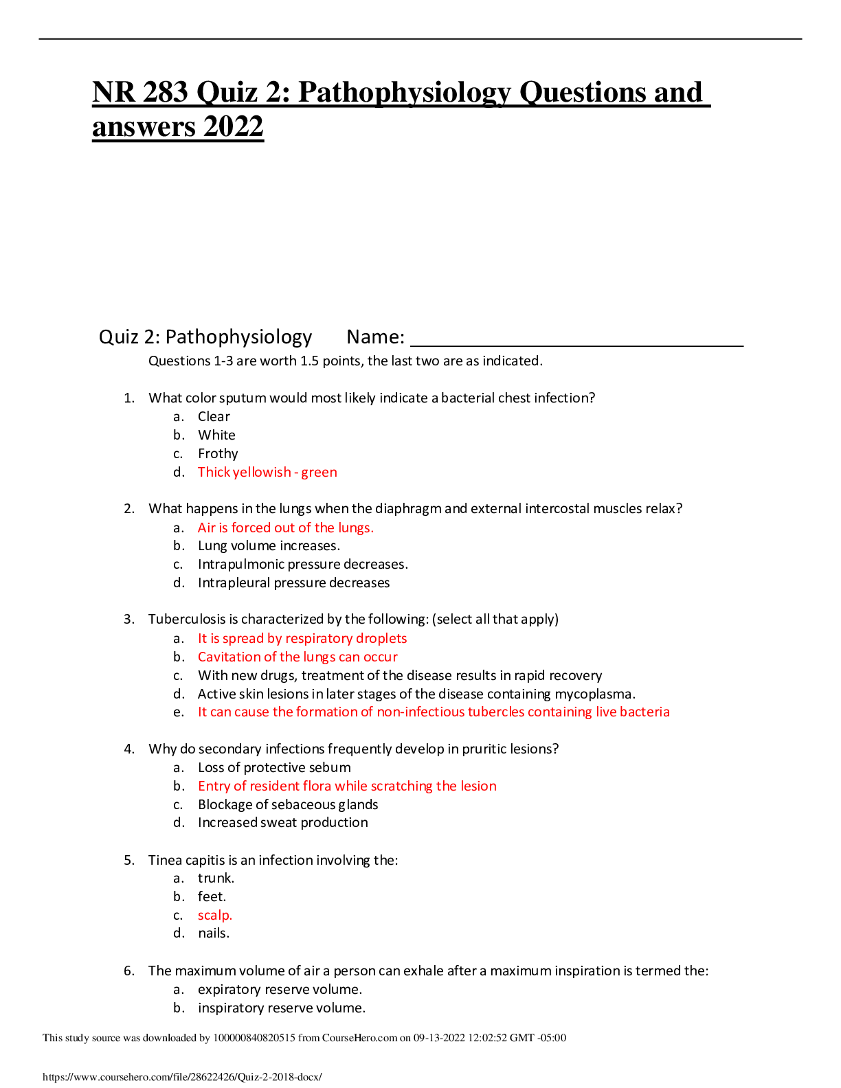 Preview image for NR 283 Quiz 2: Pathophysiology Questions and answers 2022