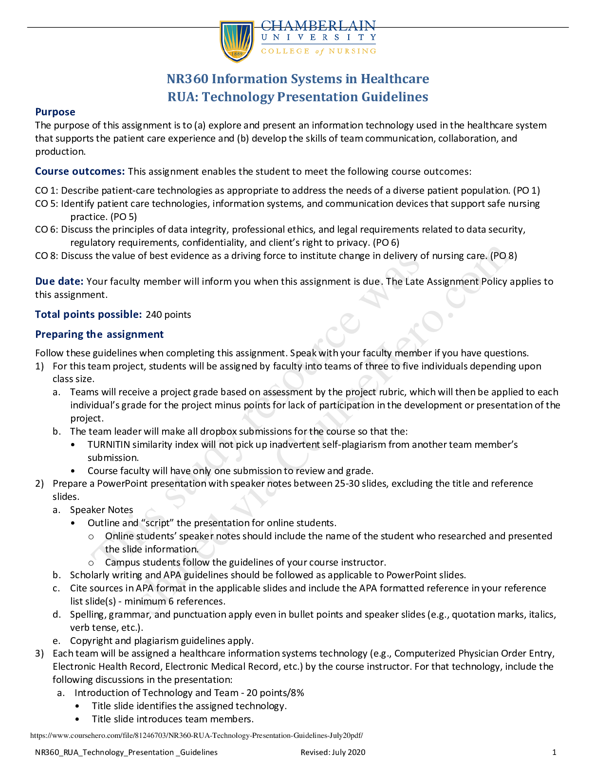 Recommended document preview for Chamberlain College of Nursing - NR 360NR360_RUA_Technology_Presentation_Guidelines_July20