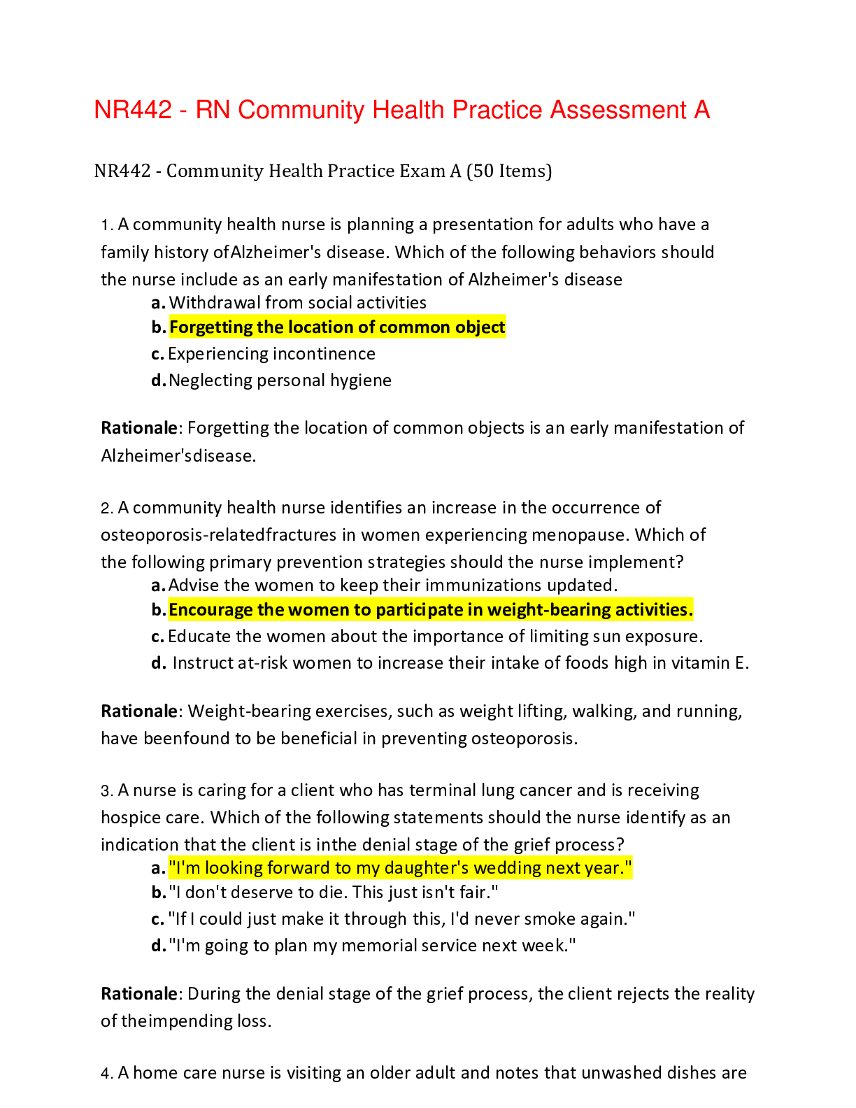 Preview of NR442 - RN Community Health Practice Assessment A ,100% CORRECT