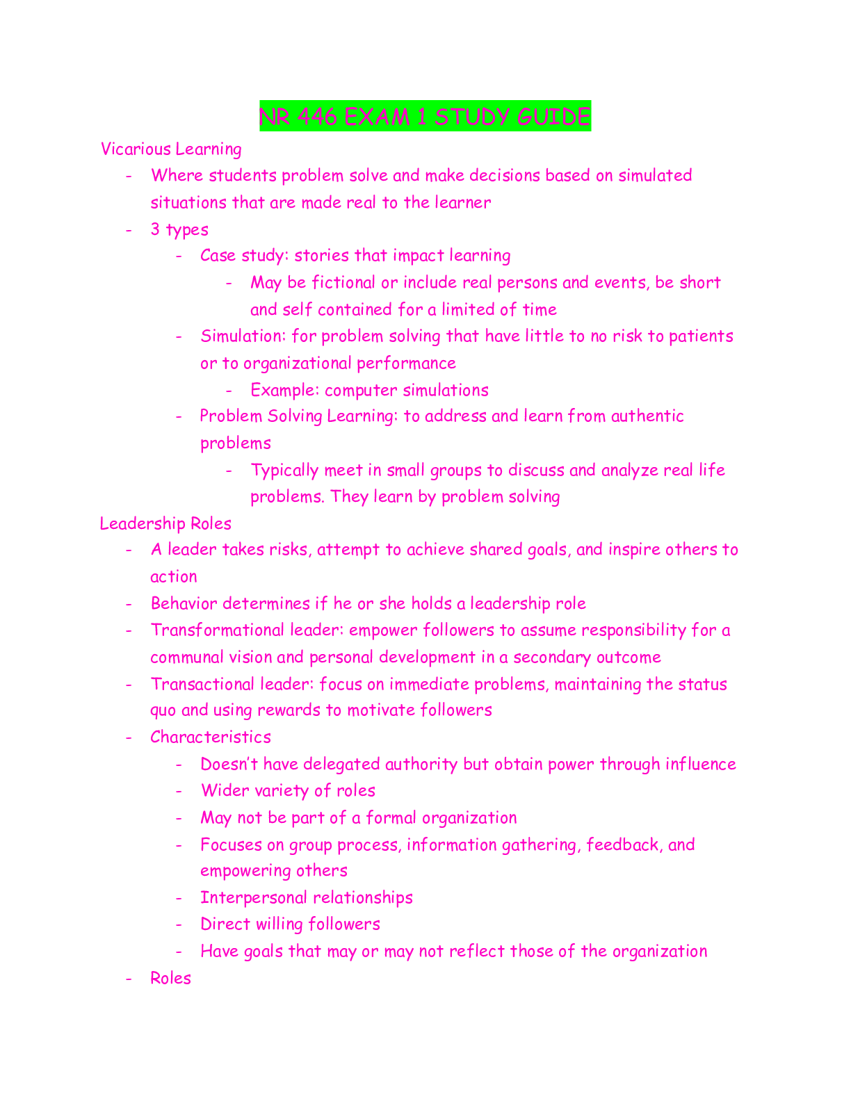 Preview image for NR 446 EXAM 1 STUDY GUIDE FALL 2022