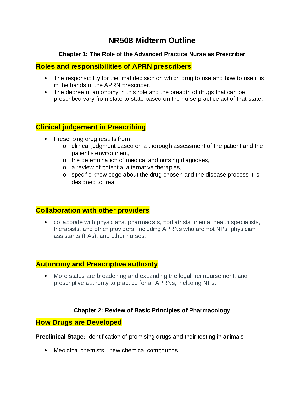 Preview of NR 508 / NR508 Midterm Study Outline (Latest Update): Advanced Pharmacology - Chamberlain