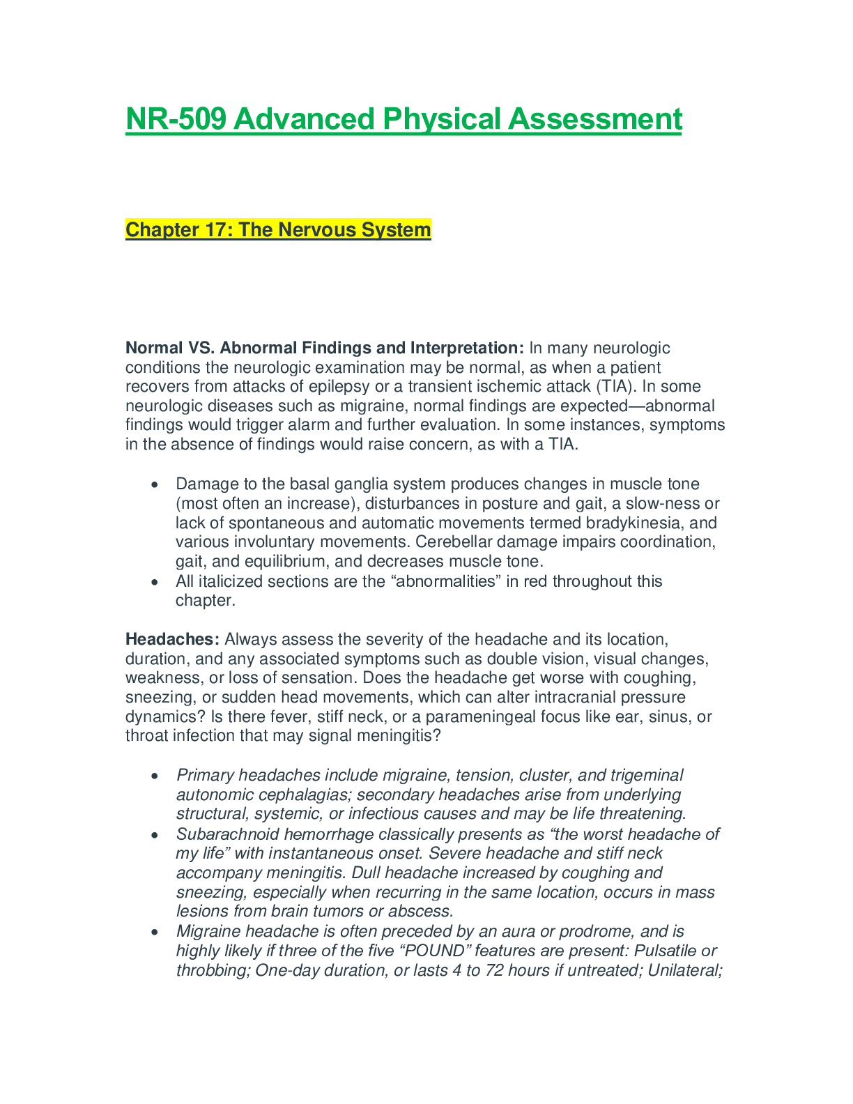 NR509 / NR 509: Advanced Physical Assessment Week 3 Chapter 17 Notes ...