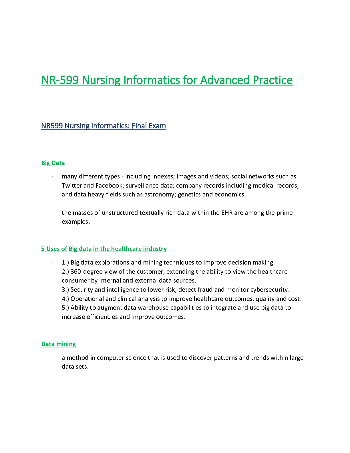 NR 599 / NR599 Final Exam (Latest Update): Nursing Informatics for ...
