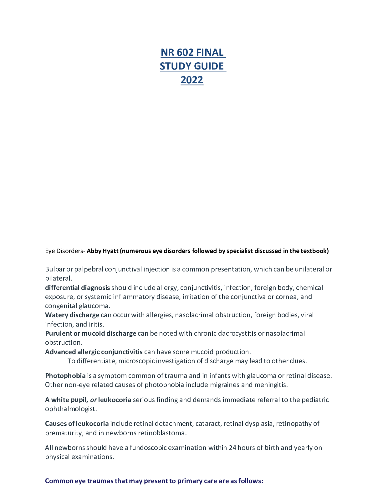 Preview image of NR 602 FINAL STUDY GUIDE 2022 document