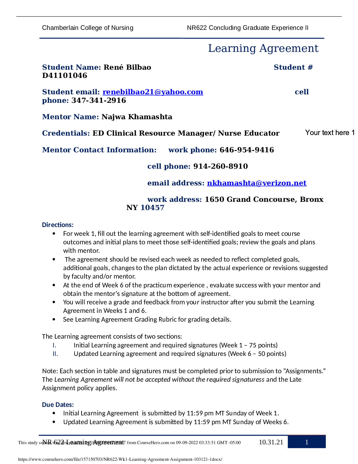 Preview image of NR 631 Week 1 Assignment; Learning Agreement document