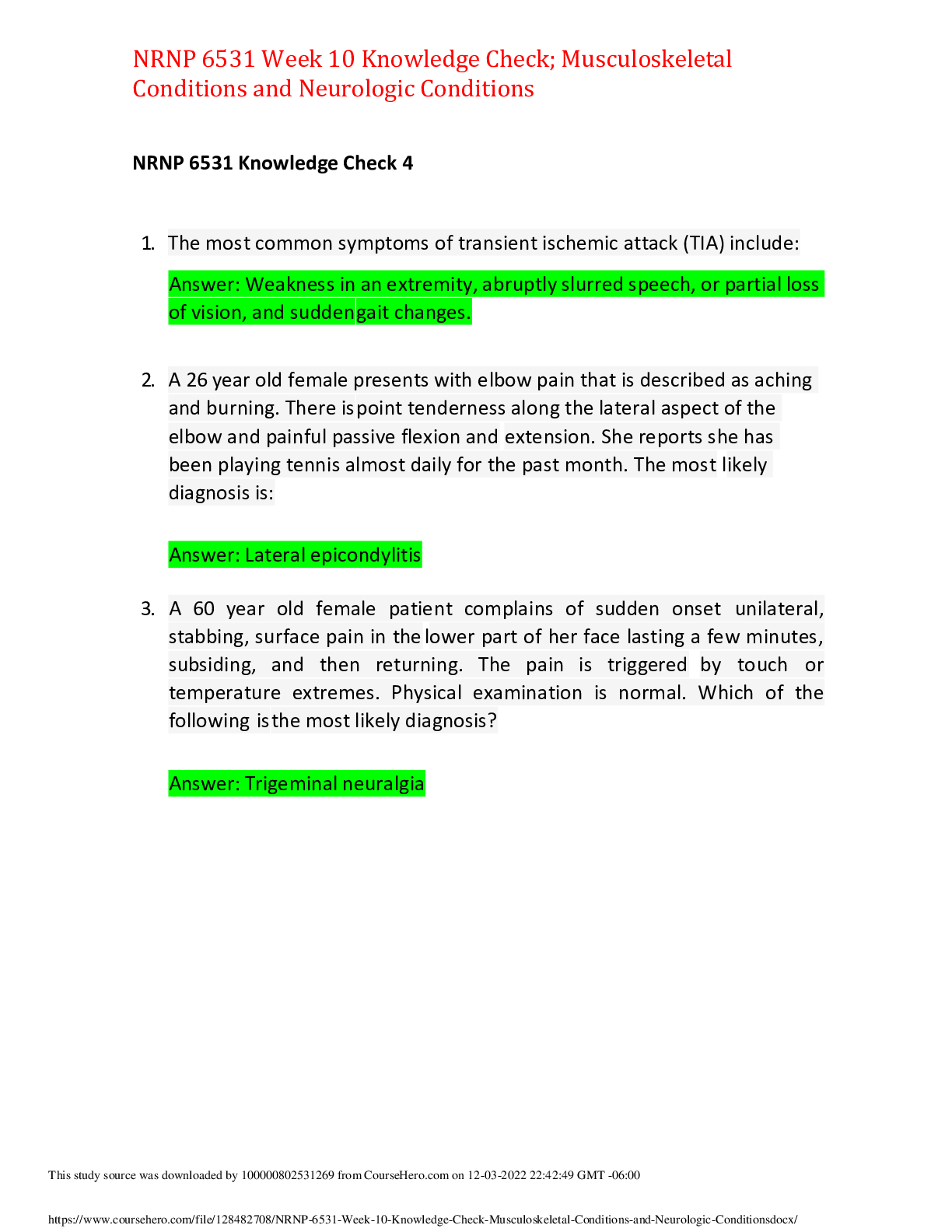 Preview image for NRNP 6531 Week 10 Knowledge Check; Musculoskeletal Conditions and Neurologic Conditions.
