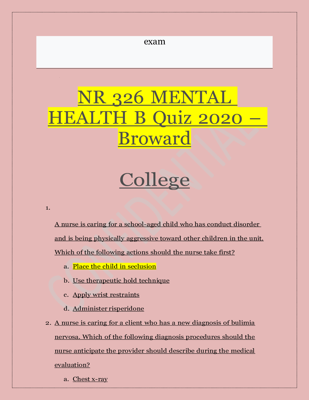 Preview image for NR 326 MENTAL HEALTH B Quiz 2020 – Broward  College