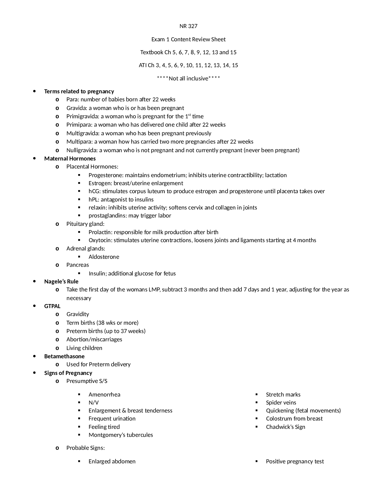 Preview image of NR 327 Exam 1 Content Review Sheet document
