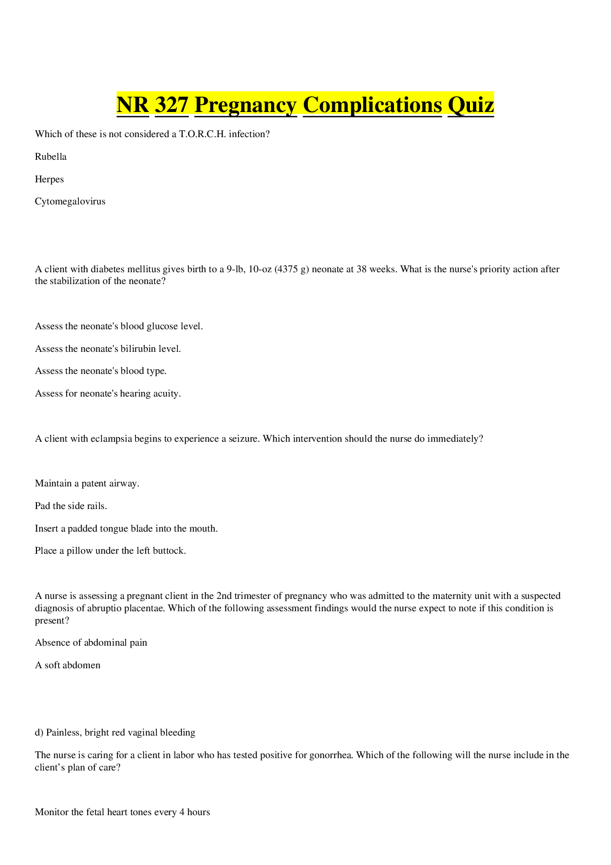 Preview image for NR327/ NR 327 Pregnancy Complications Quiz Answered_ Fall 2021