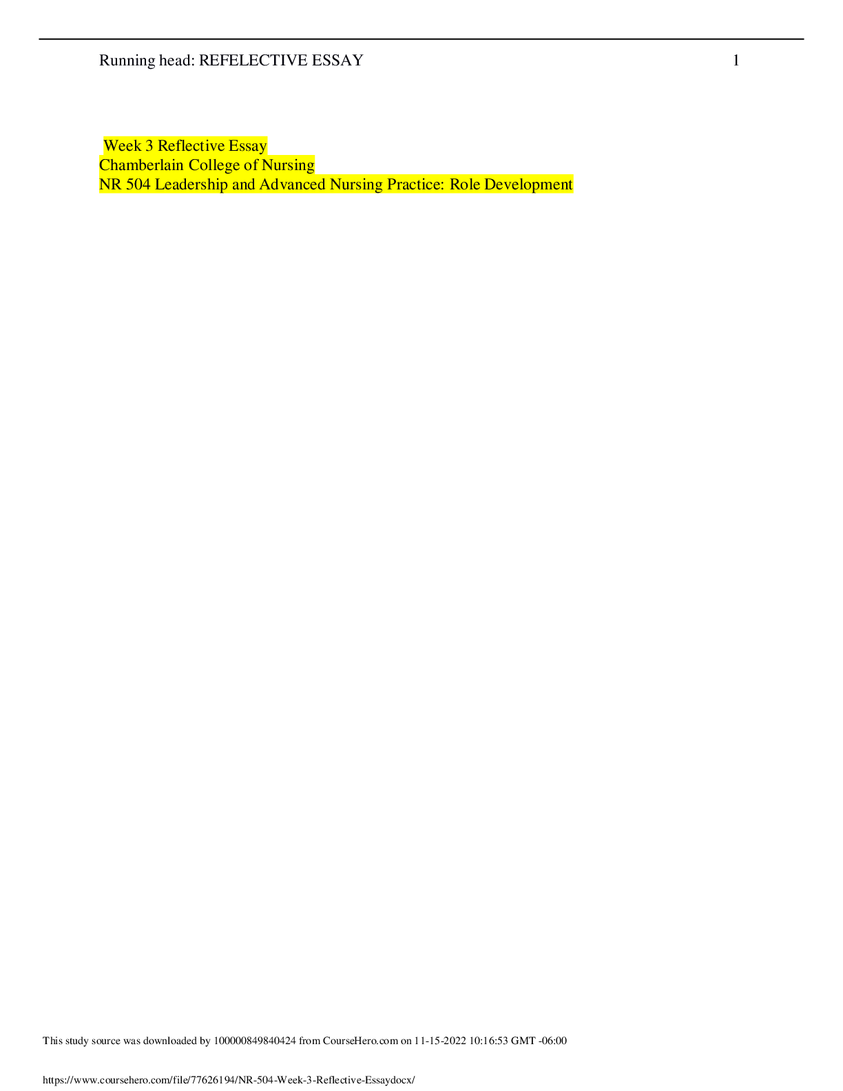 Preview image of NR 504 Week 3 Assignment: Reflective Essay (GRADED) document