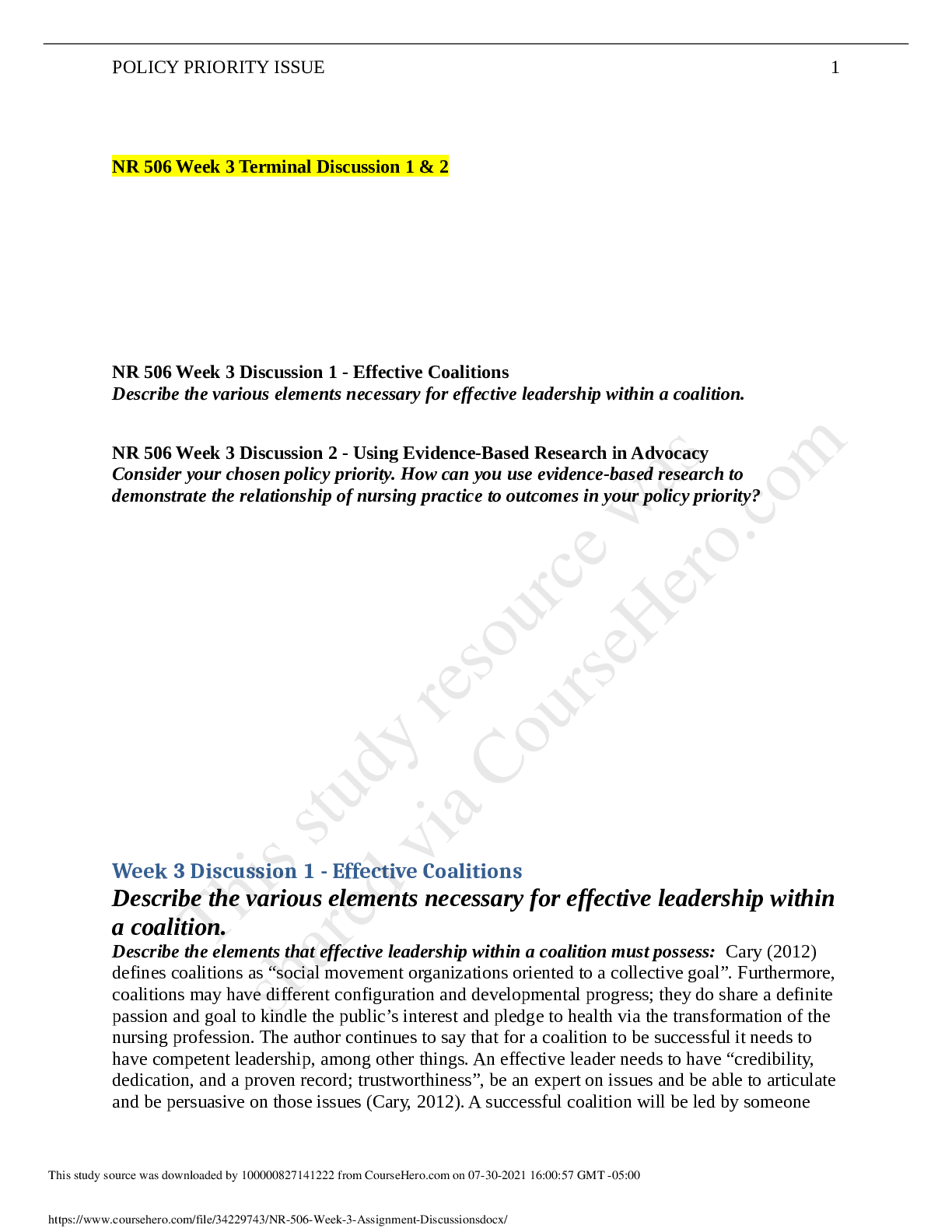 Preview image of NR 506 Week 3 Assignment + Discussions document