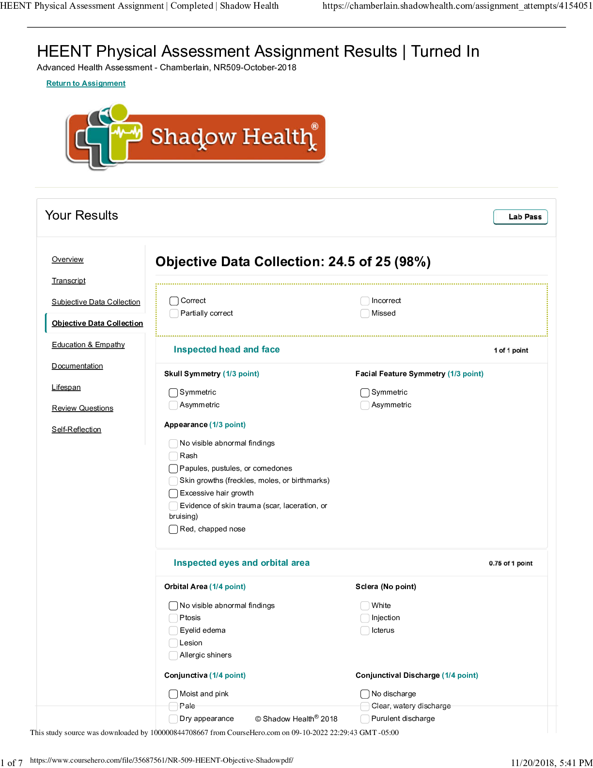 Preview image of NR 509 HEENT Objective Shadow document