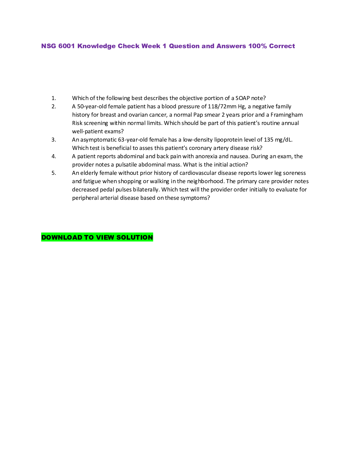 NSG 6001 Knowledge Check Week 2 Question and Answers, With Complete ...