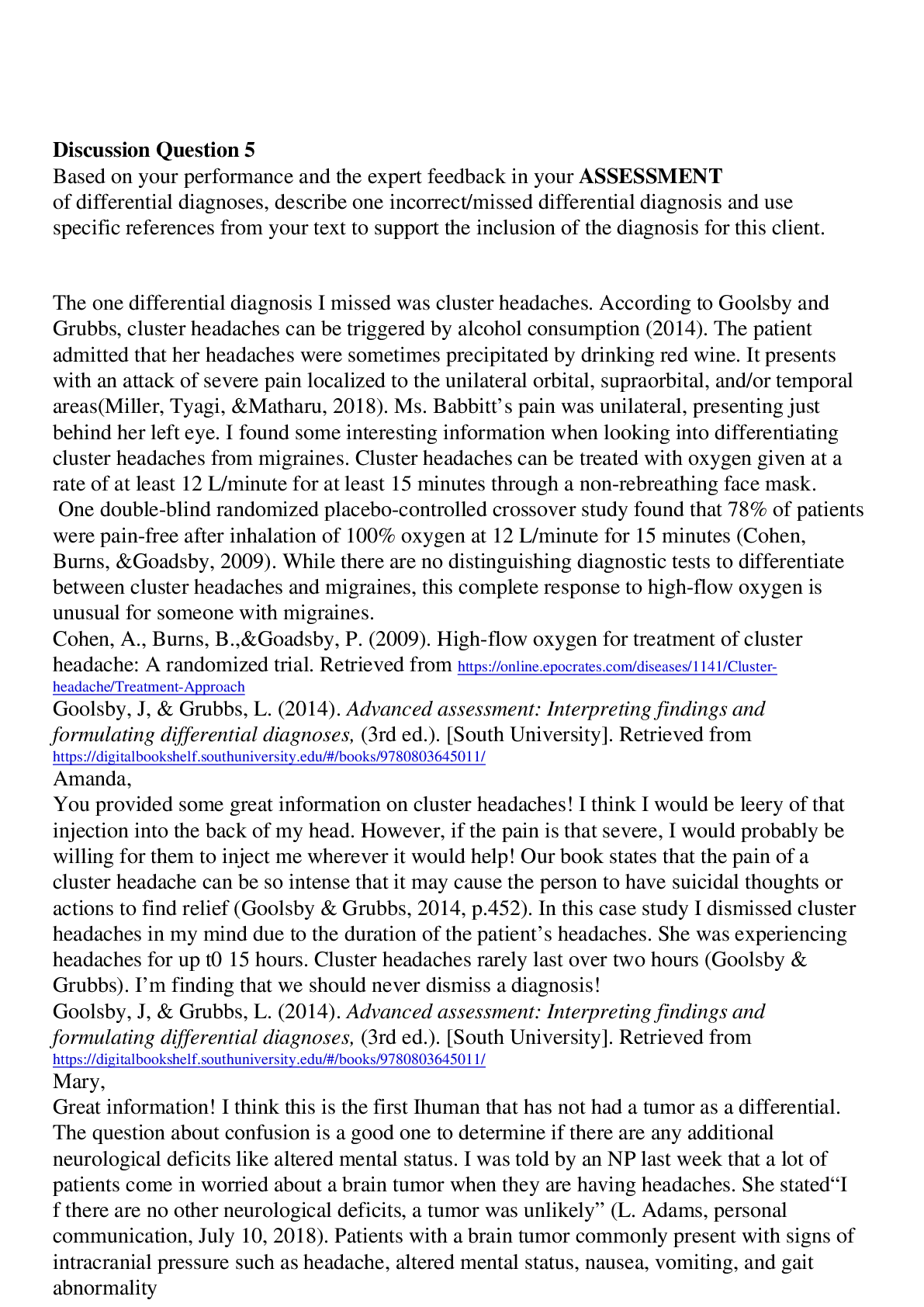 Recommended document preview for NSG 6020 Week 10 Health assessment discussion week 10