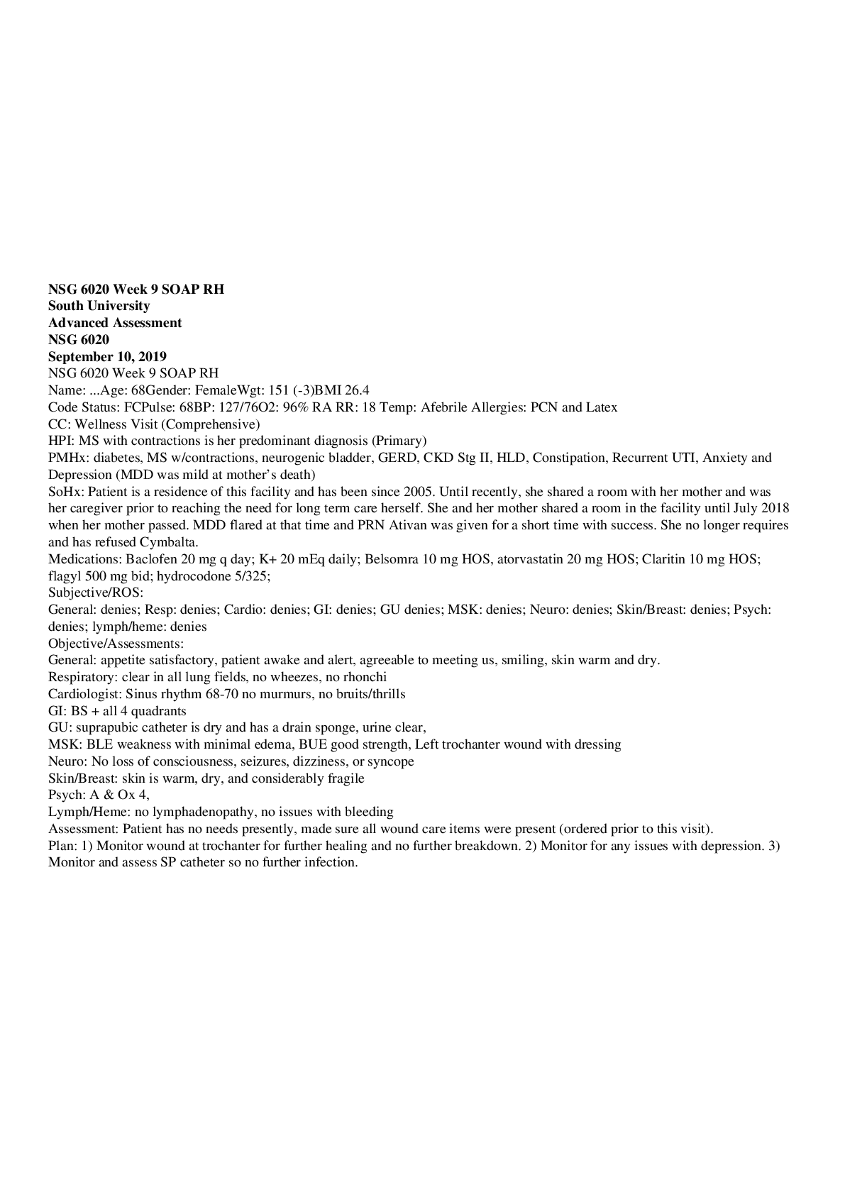 Preview image of   NSG 6020 Week 9 SOAPRH document