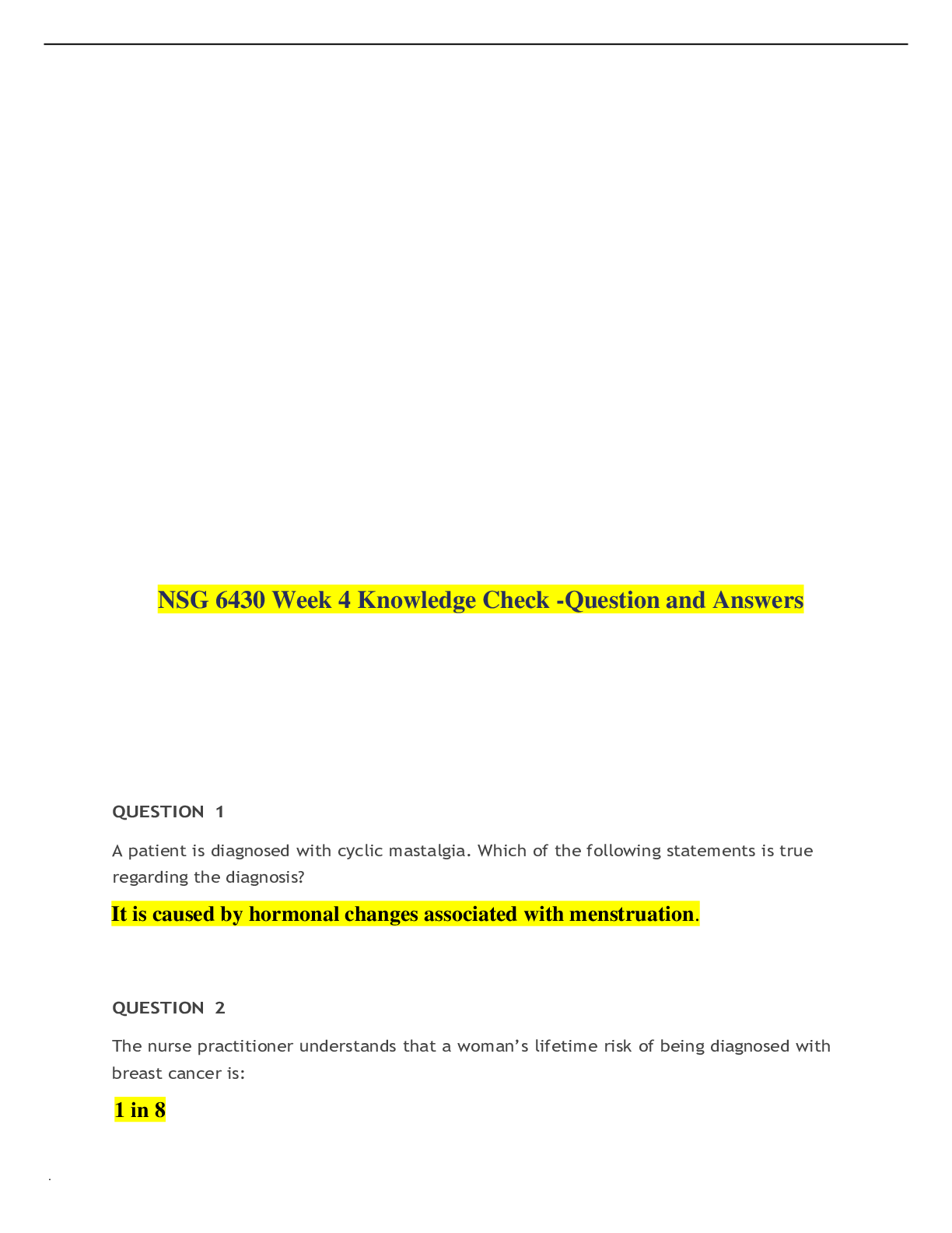 Preview of NSG 6430 Week 4 Knowledge Check 1-Question and Answers