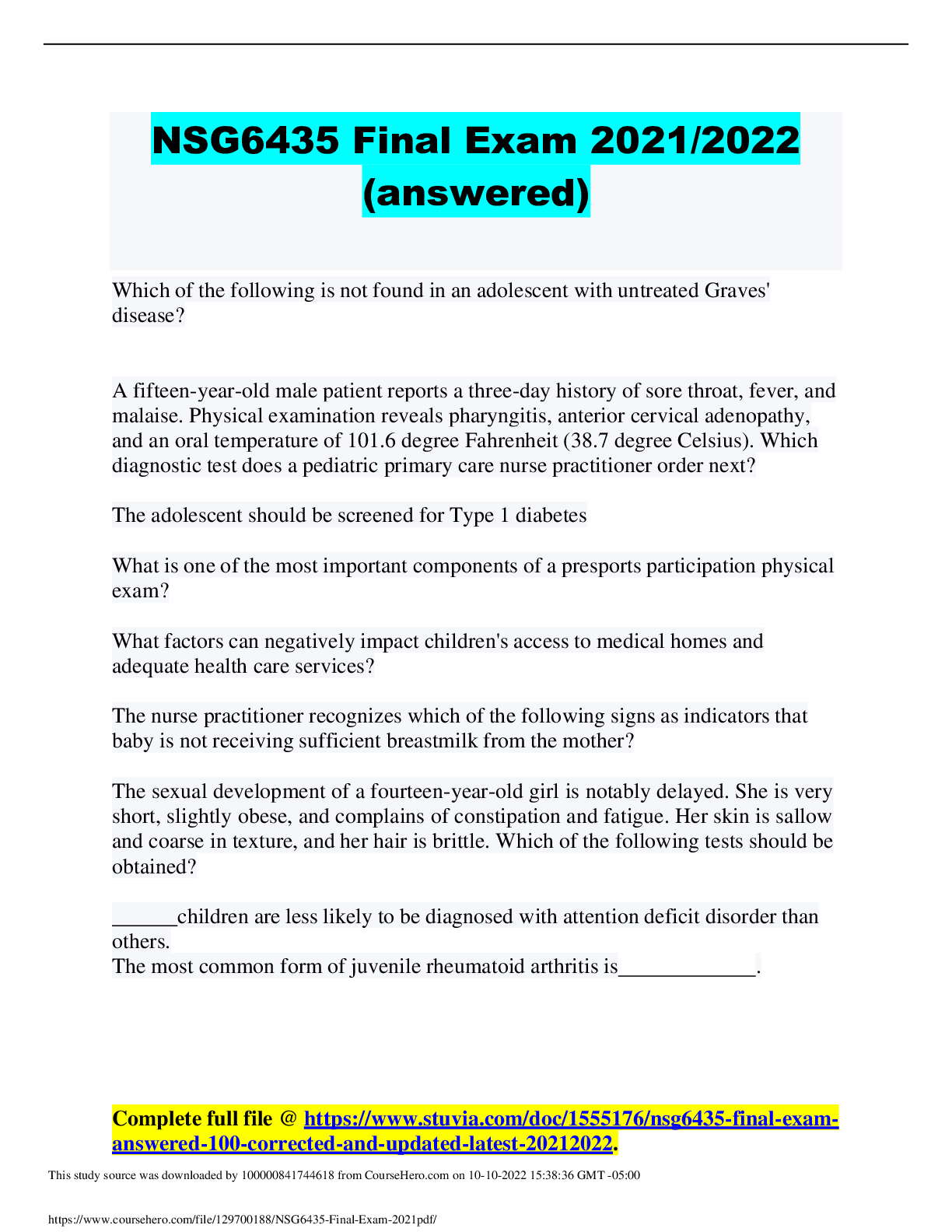 Preview image for NSG6435 Final Exam 2021/2022 (answered)