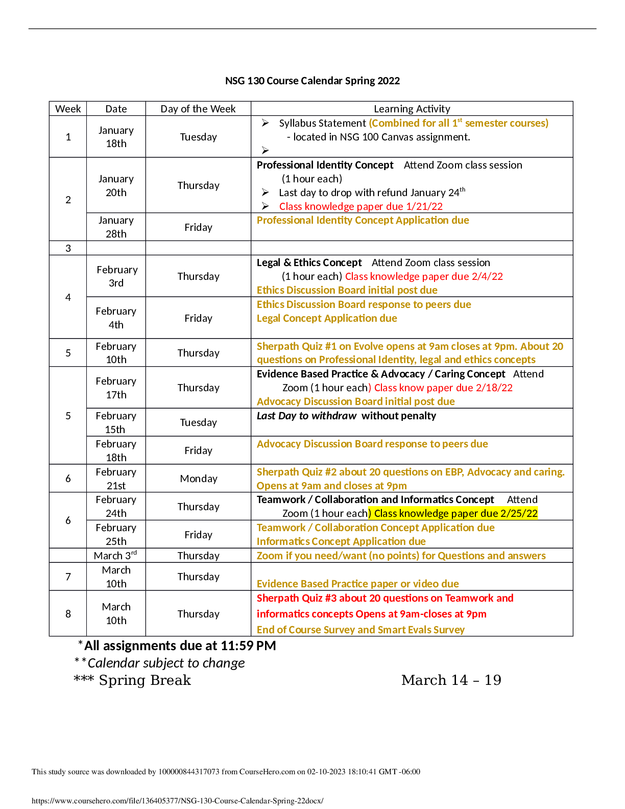 Preview image of NSG_130_Course_Calendar_Spring_22 document
