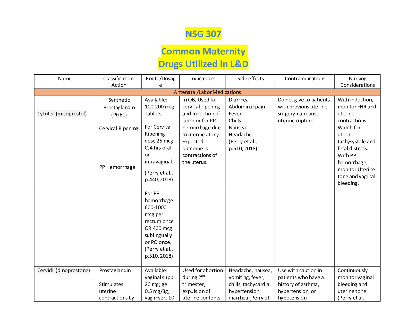 Preview of NSG 307- MEDICATION TABLE | Common Mertanity Drugs Utilized In L&D | GRADED A